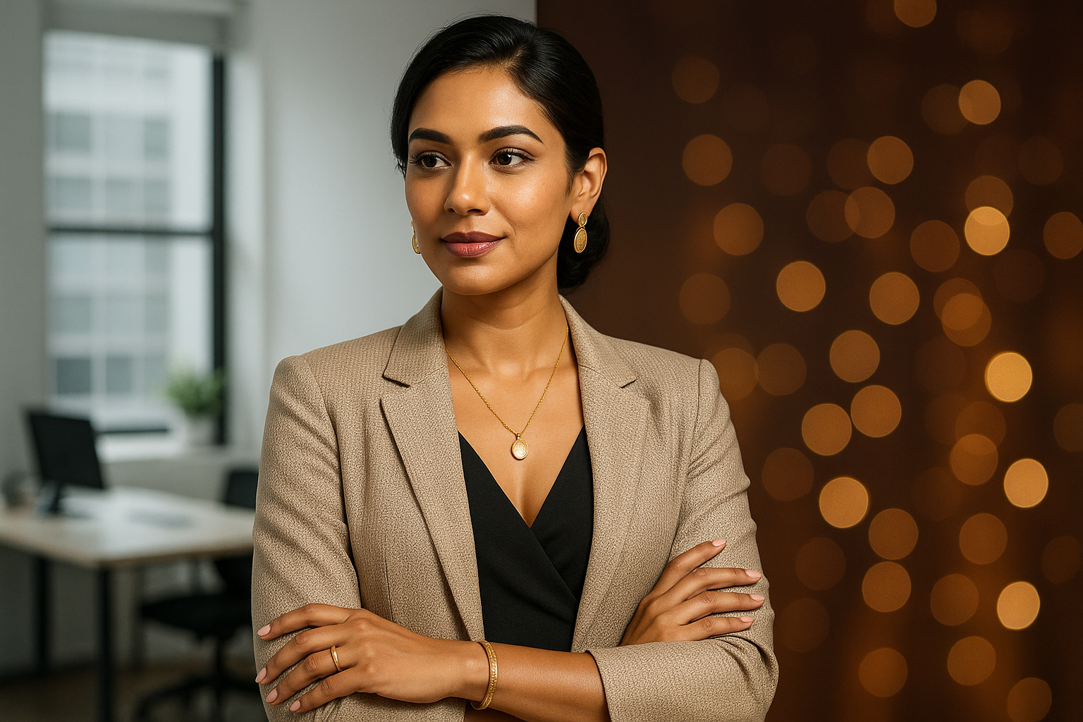 Elegant Indian woman showcasing versatile jewelry pieces perfect for office to party transitions, featuring Oplique By Vineeta designs