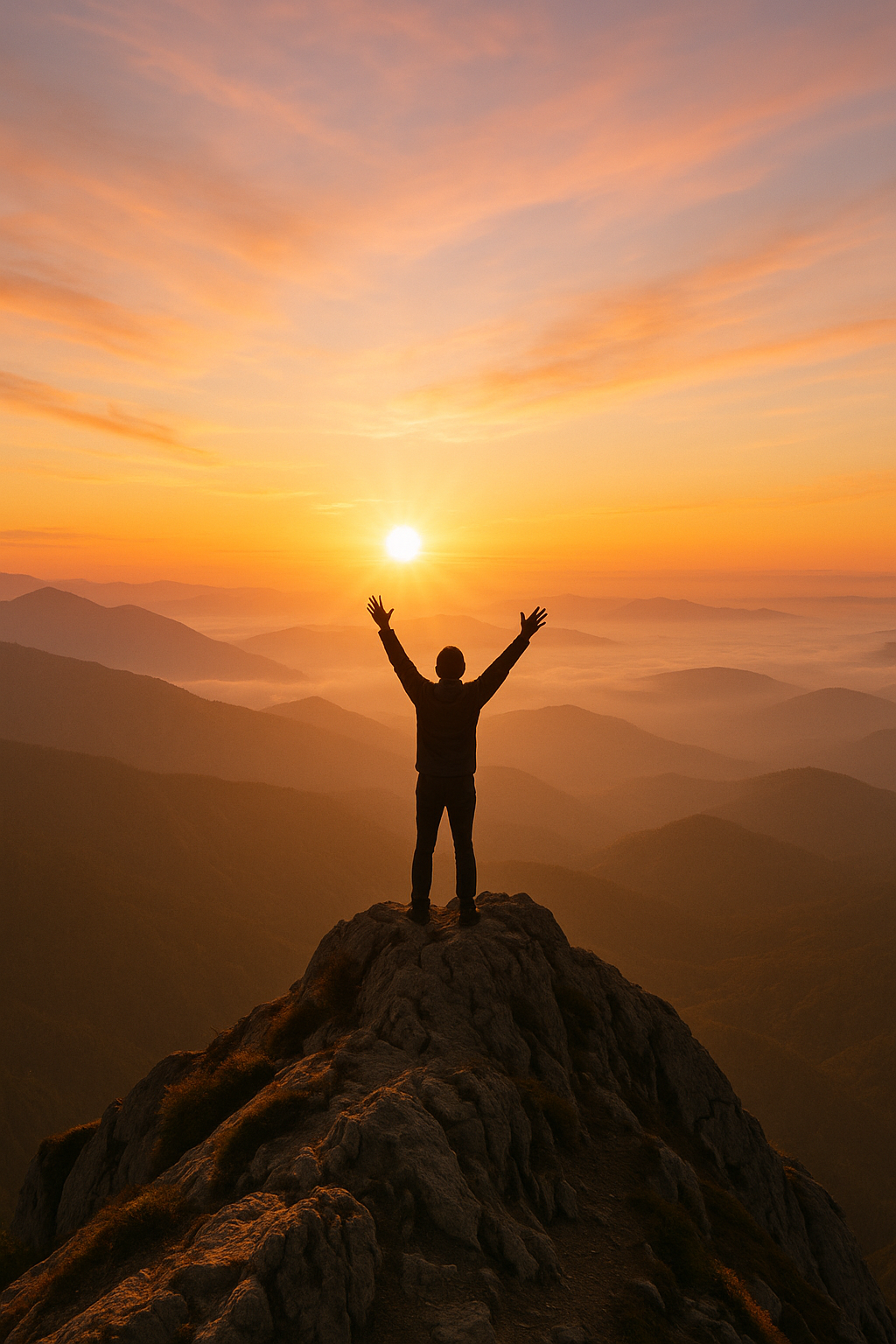 Inspirational hope concept with person on mountain peak at sunrise