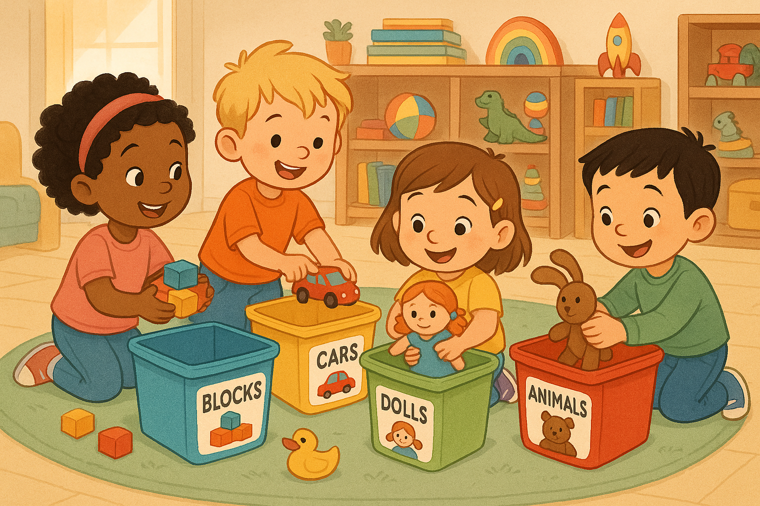 Niños organizando juguetes juntos con etiquetas coloridas y contenedores