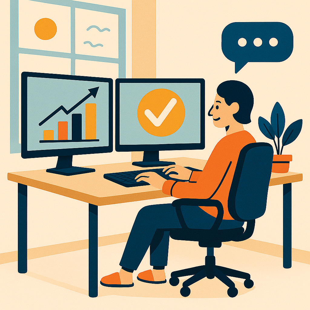 A bright, well-organized home office with dual monitors