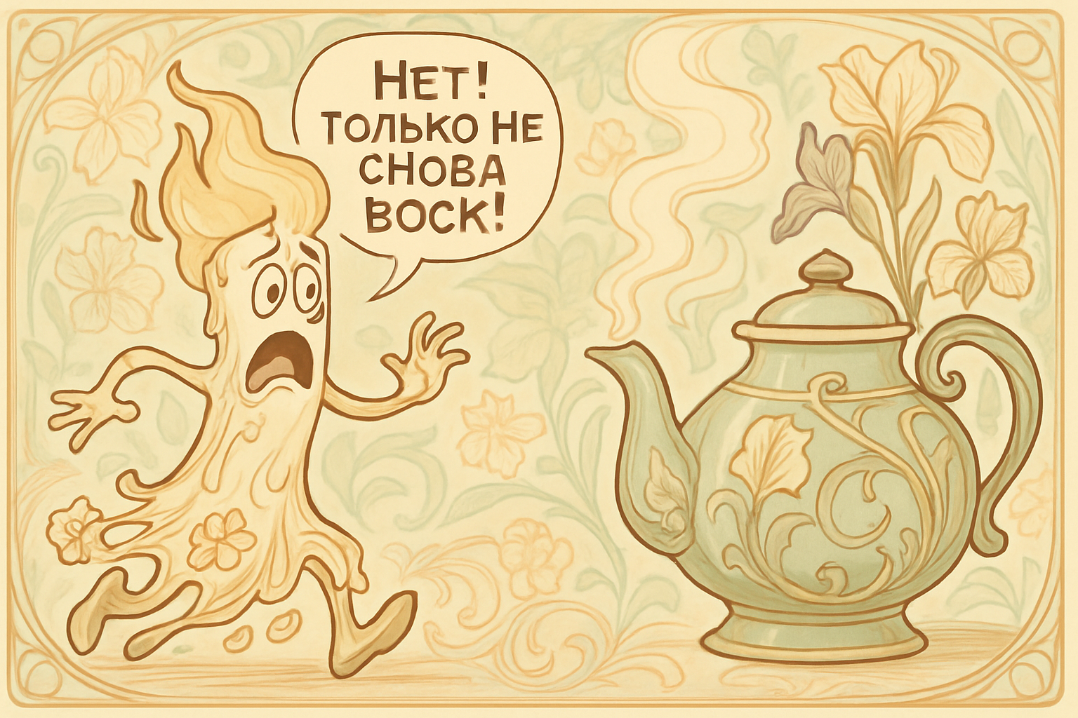 Stylized Art Nouveau cartoon of a frightened candle running from a decorative kettle with floral motifs and soft pastel colors.