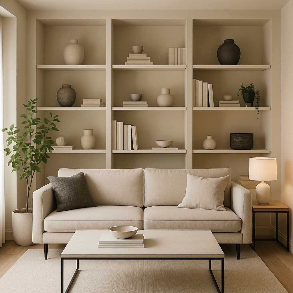 Sala de estar moderna organizada con decoración funcional y colores neutros