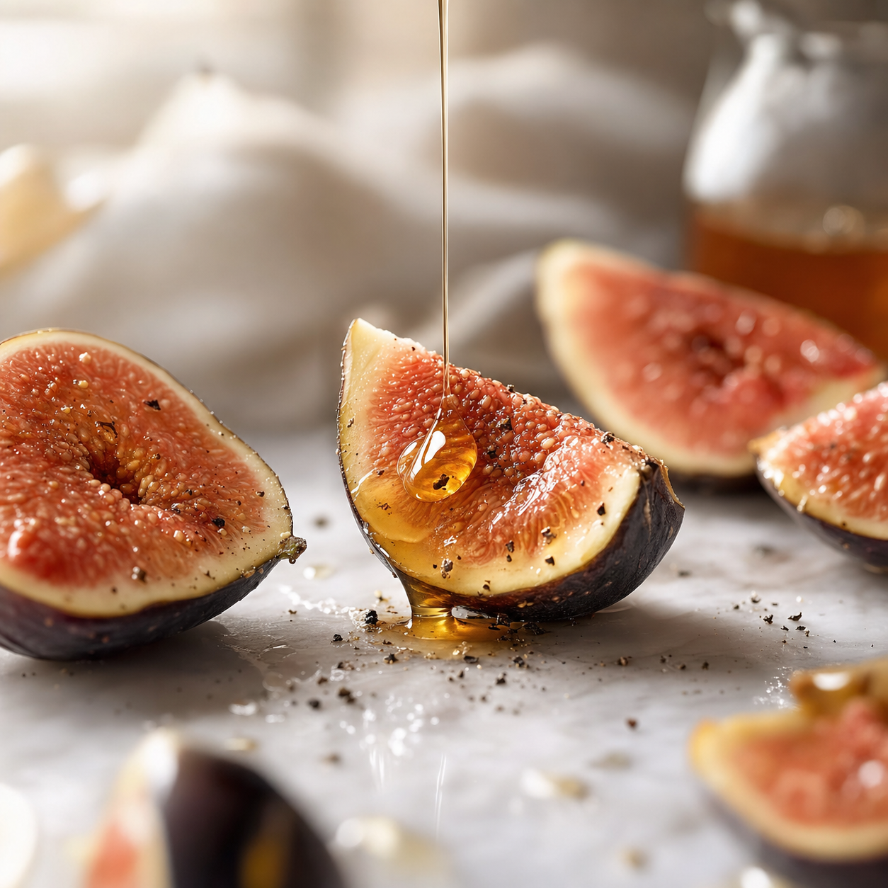 Fresh halved figs on white marble with a slow golden honey drip and a fine crack of black pepper — editorial food photography