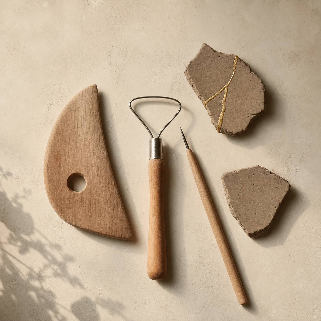 Clay tools and ceramic fragment with kintsugi gold on linen