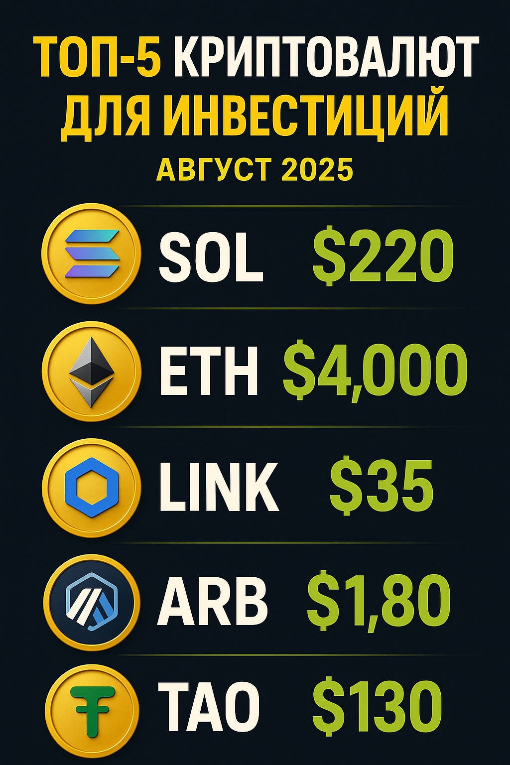 ТОП-5 криптовалют для уверенных инвестиций в августе 2025 Яркая контрастная инфографика ТОП-5 криптовалют с читаемым текстом в новых цветах