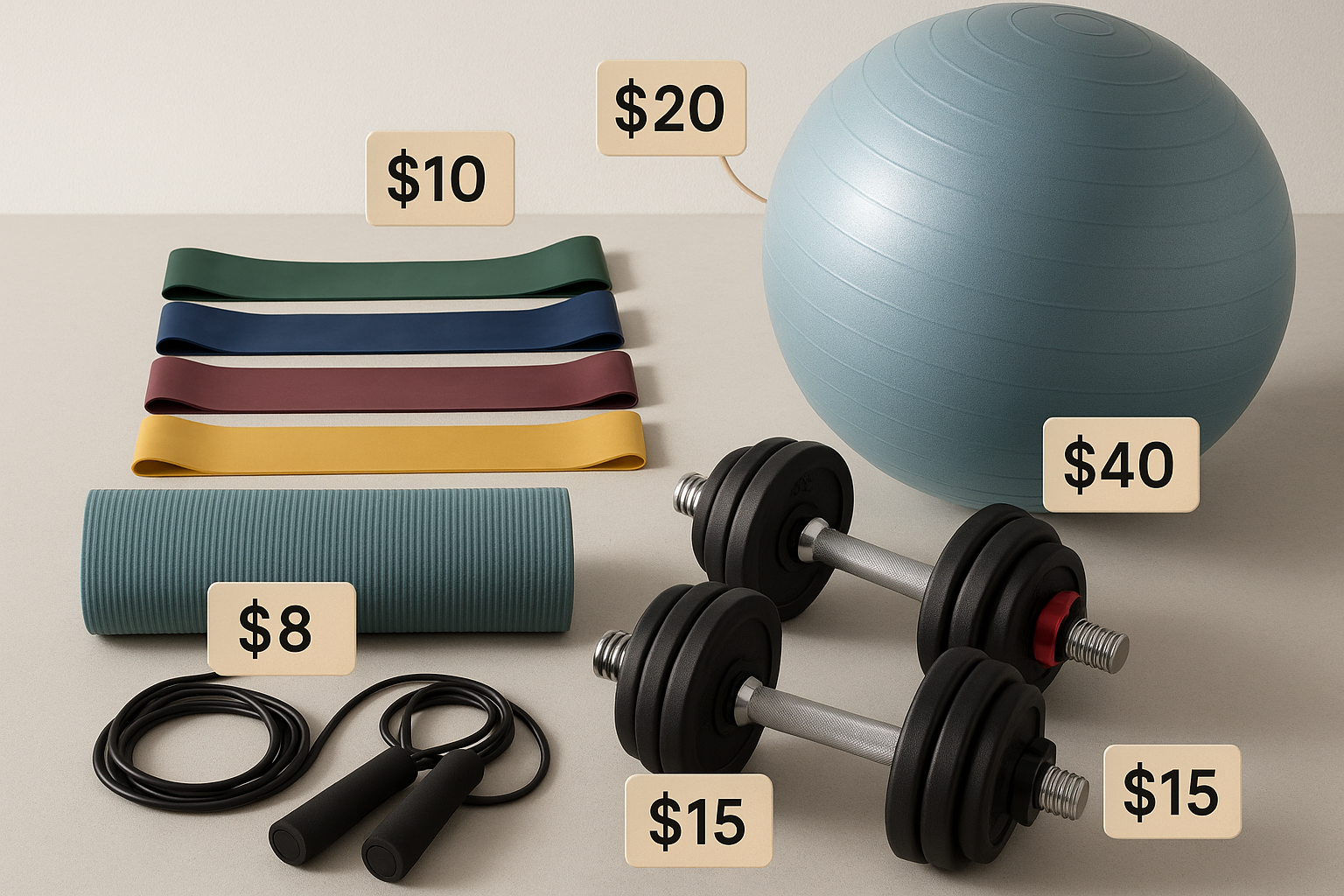 Essential budget home gym equipment with affordable price points displayed