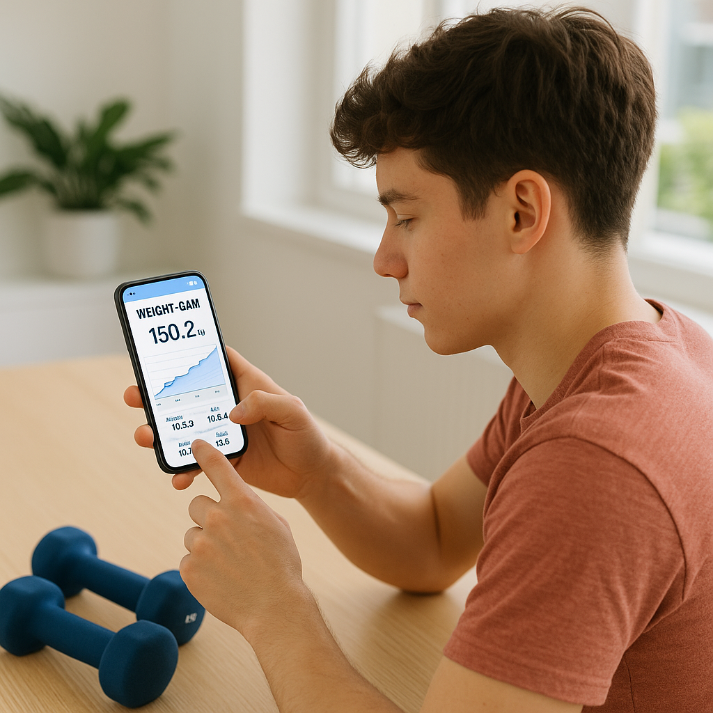 Tracking weight gain progress with mobile app and exercise equipment