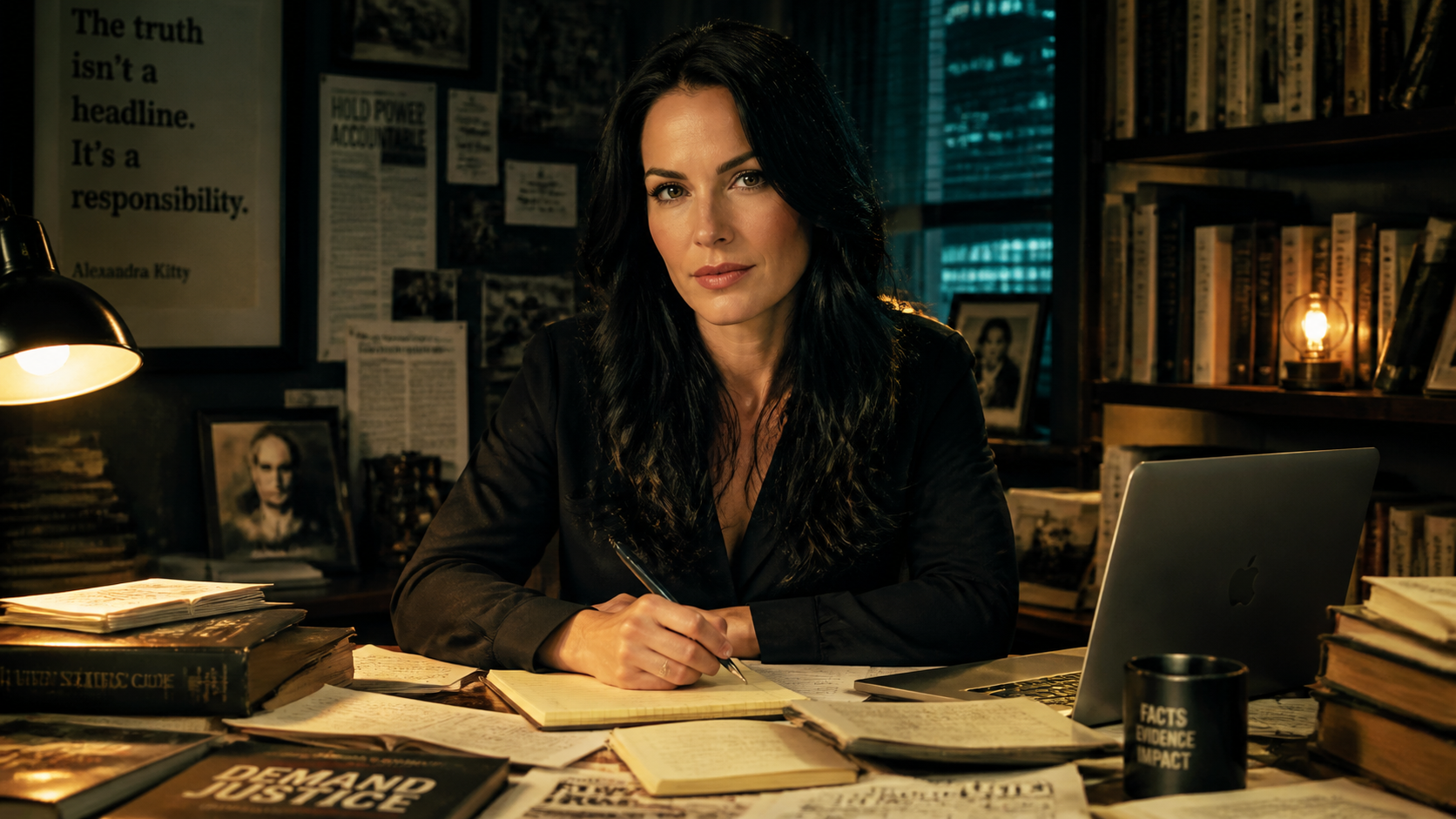 Alexandra Kitty seated at a desk with policy papers and investigative materials, looking directly at the reader.