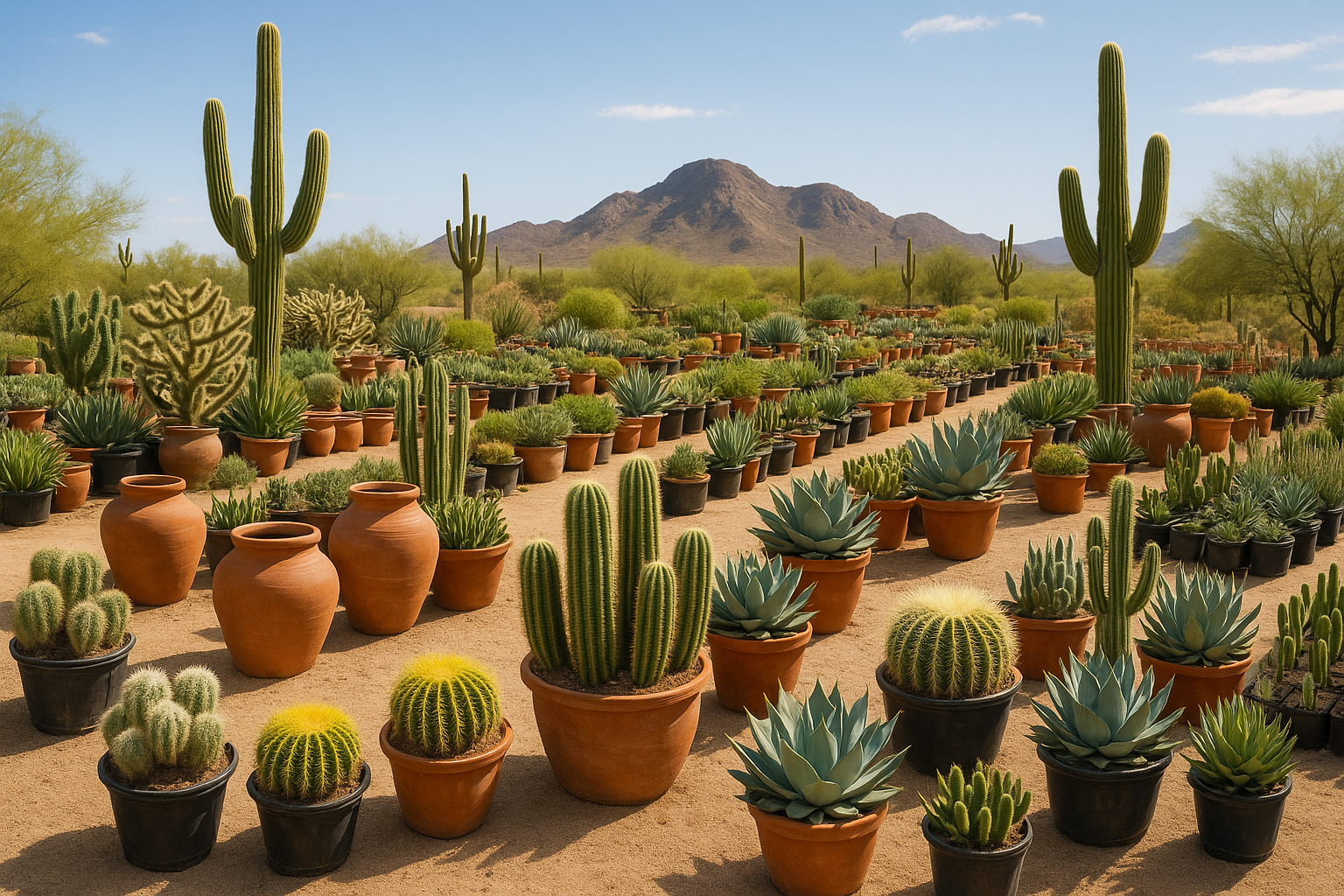 Beautiful Arizona plant nursery showcasing desert plants and pottery