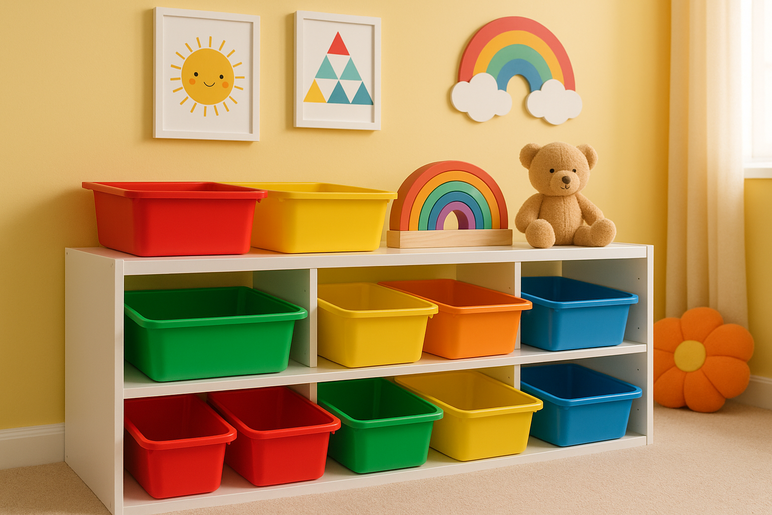 Soluciones modernas de almacenamiento de juguetes con contenedores coloridos