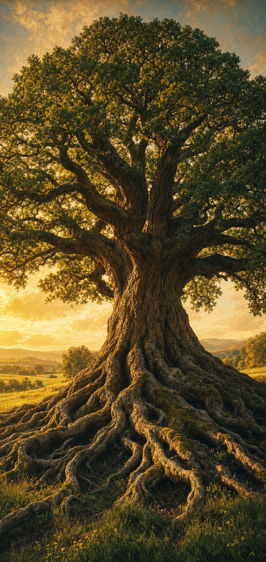 Ancient oak tree representing deep roots and generational wealth
