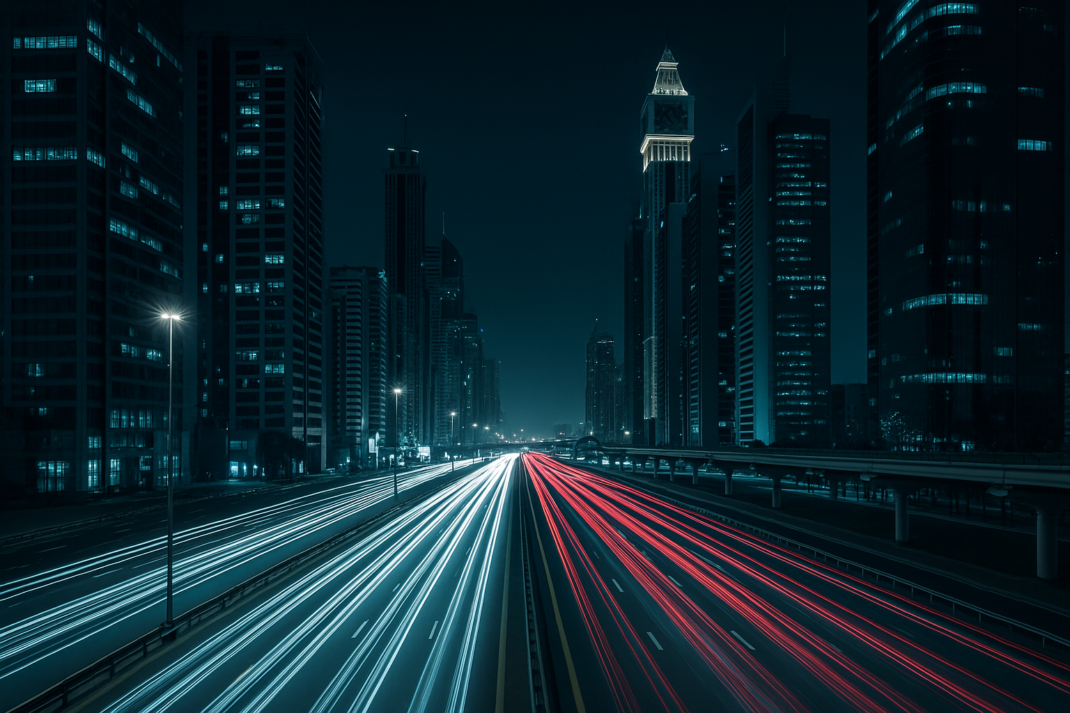 Night photograph of Dubai Sheikh Zayed Road with light trails and modern buildings