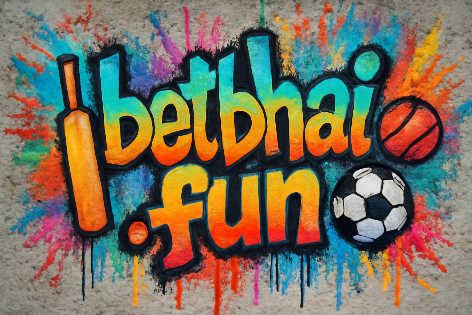 Graffiti wall style image with 'betbhai.fun' domain name and sports icons