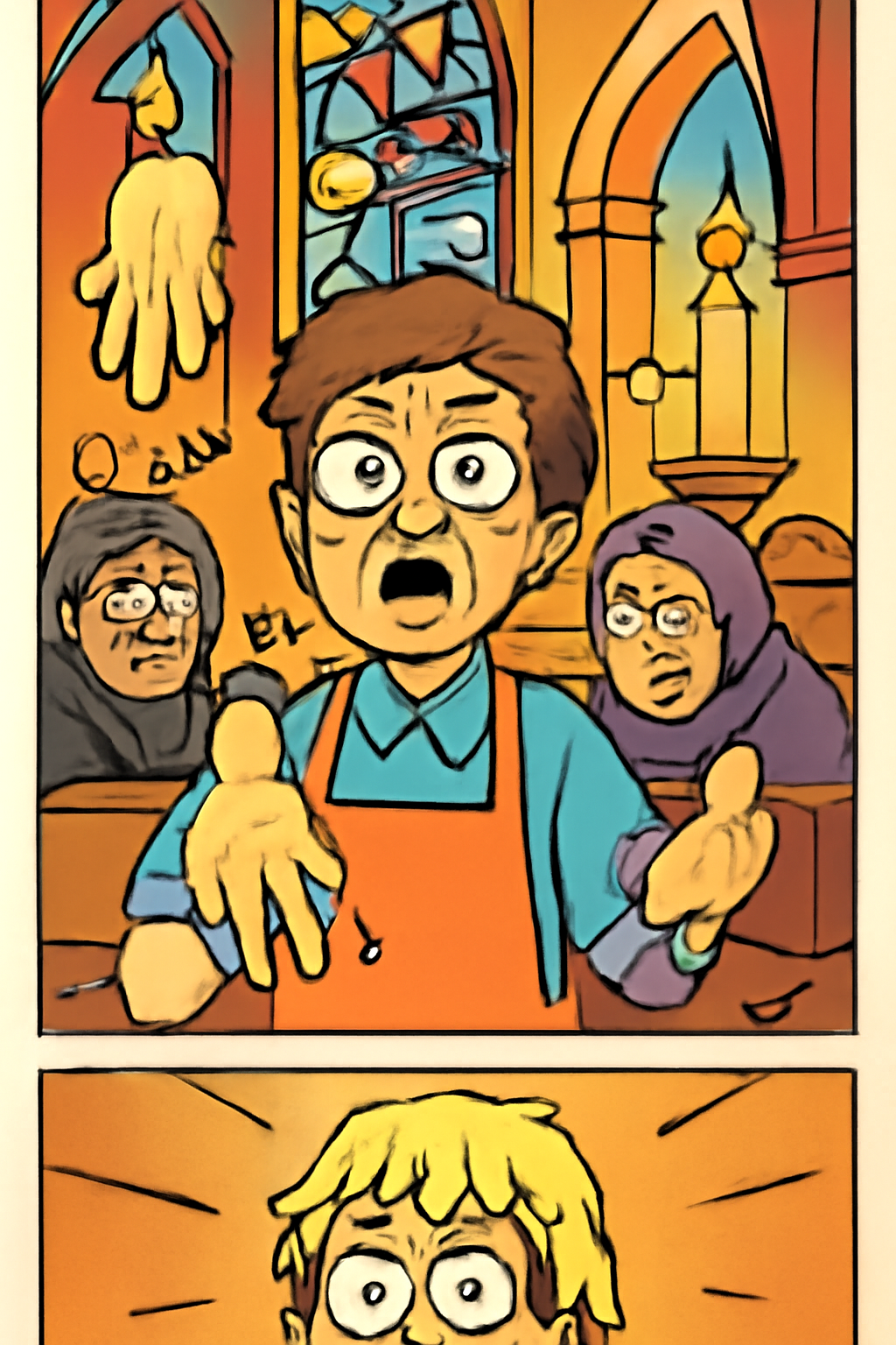 Cartoon illustration of a candlemaker's comedic struggle with hand-shaped candles in a church vlog