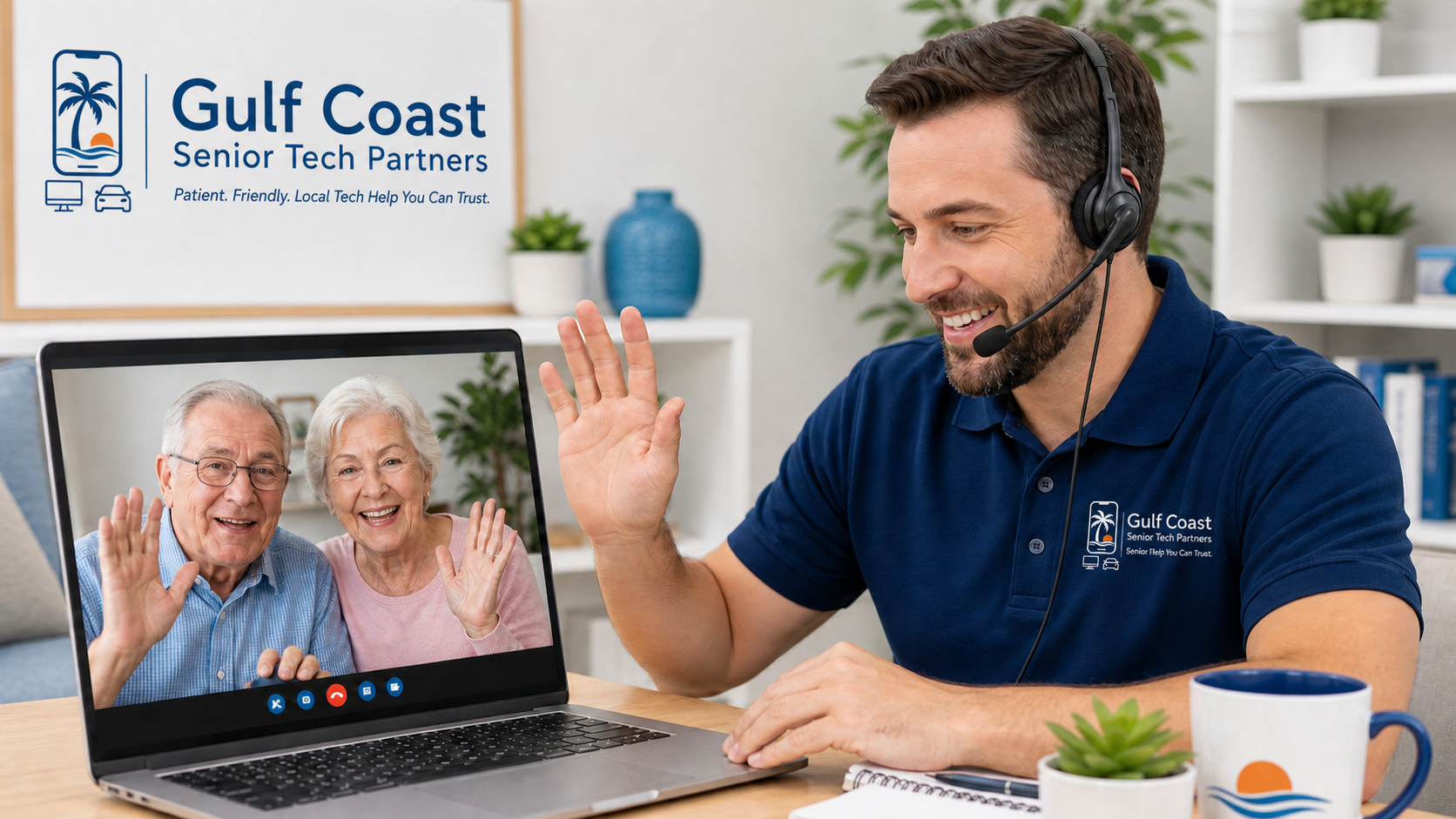 Remote support staff in blue polo helping seniors on a video call