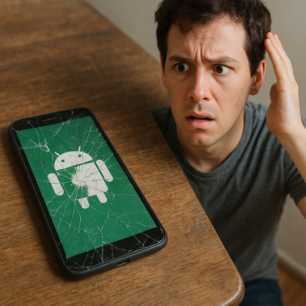 Cracked Android phone on wooden table with a confused person nearby