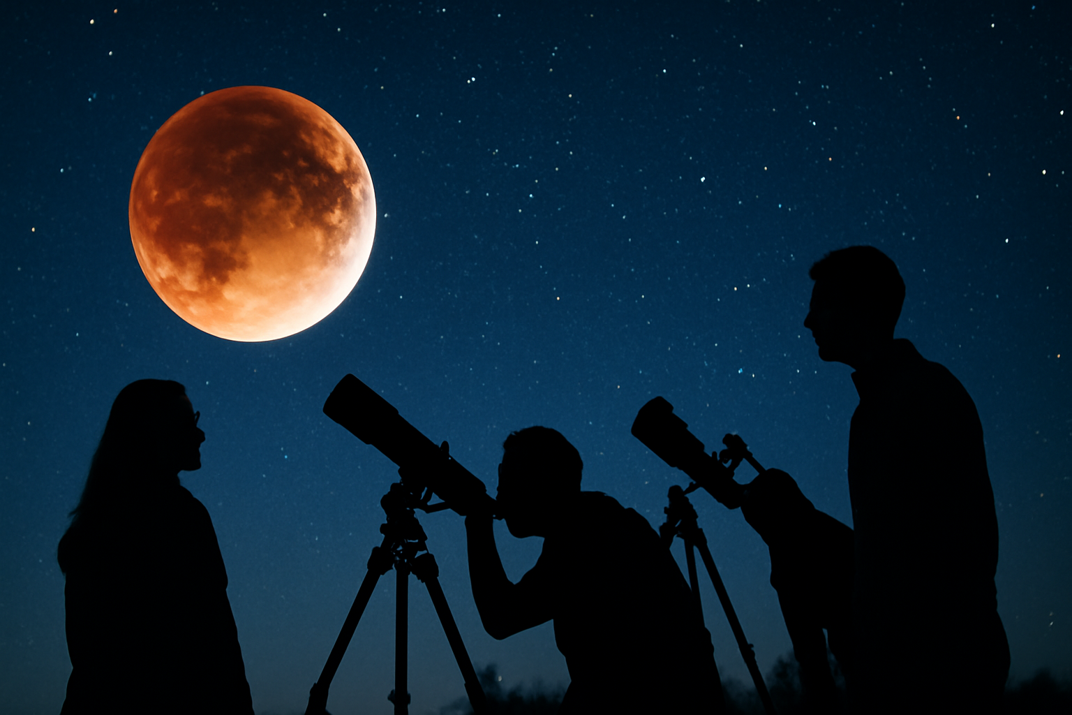 Realistic lunar eclipse with reddish moon and observers under a clear starry sky.