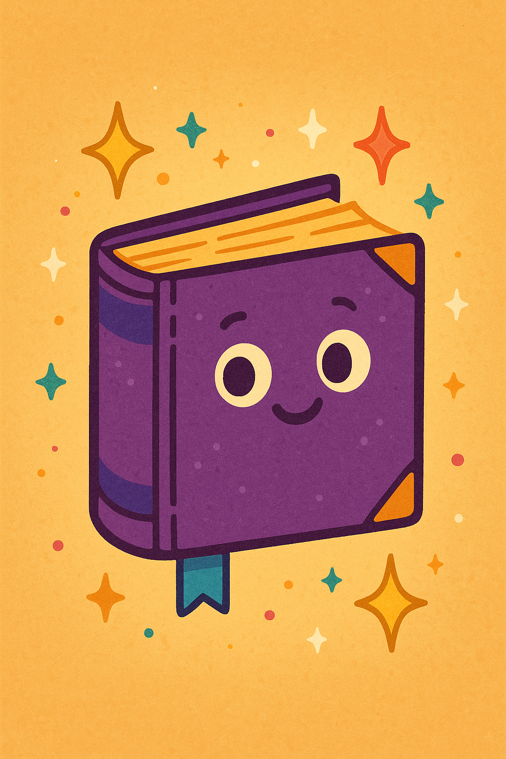 A magical talking book with colorful sparkles and stars around it