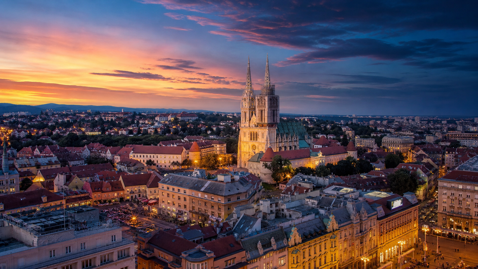 Aerial view of Zagreb at dusk, Cathedral and old town illuminated