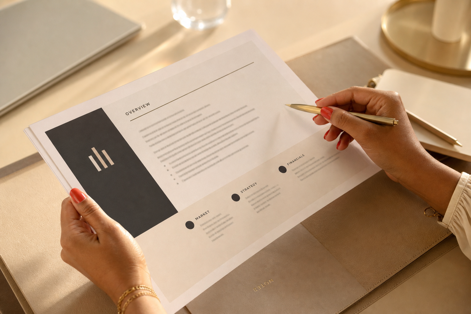 Hands reviewing a pitch deck on a table