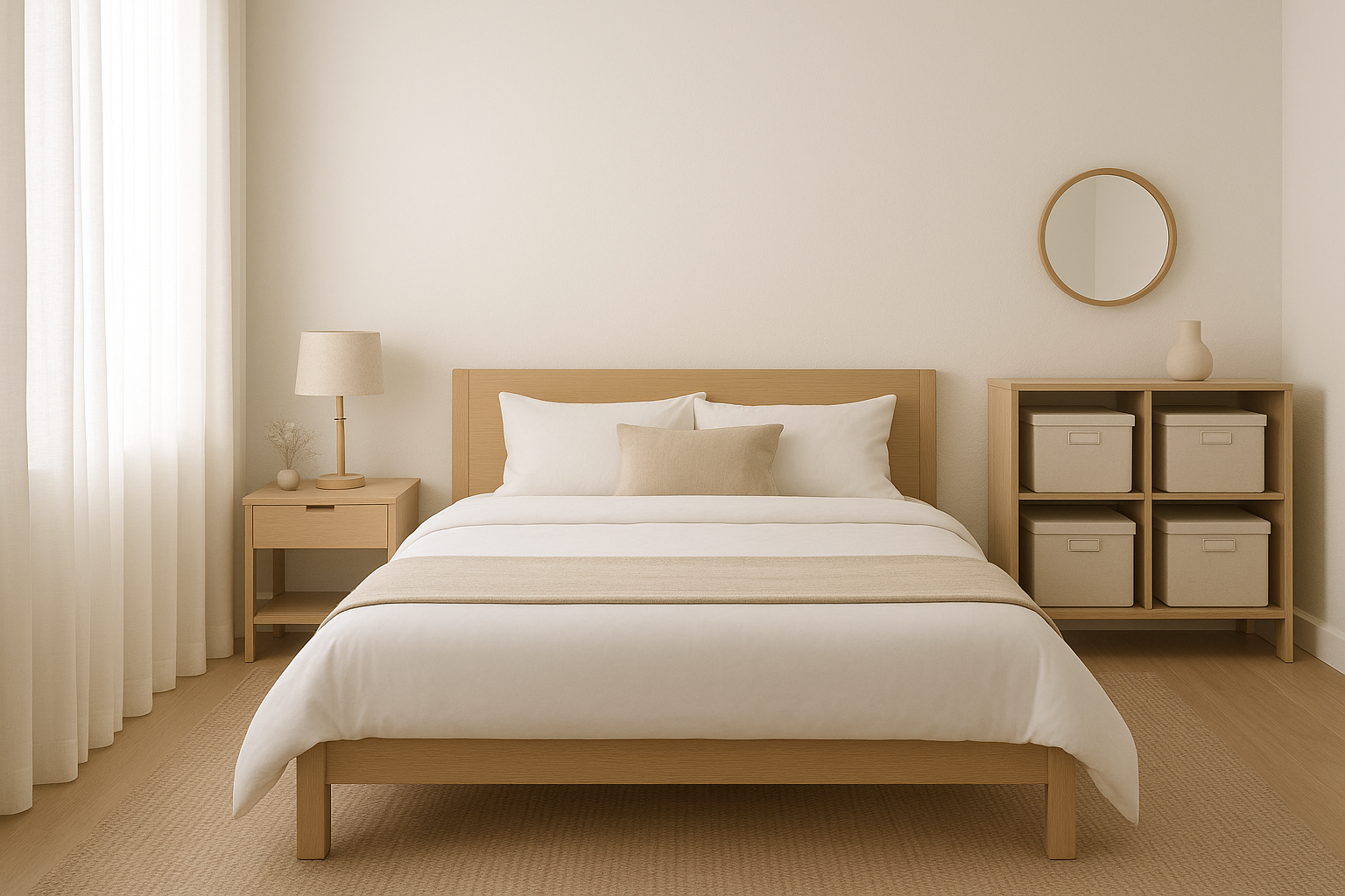 Dormitorio ordenado con cama hecha y cajas organizadoras