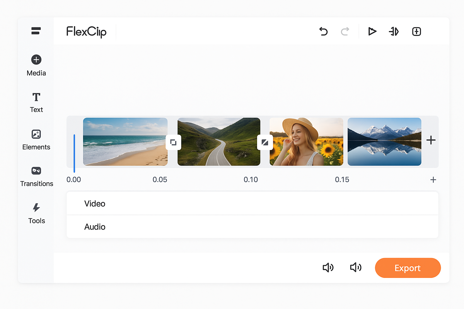 FlexClip timeline editor showing video clips arrangement and editing features