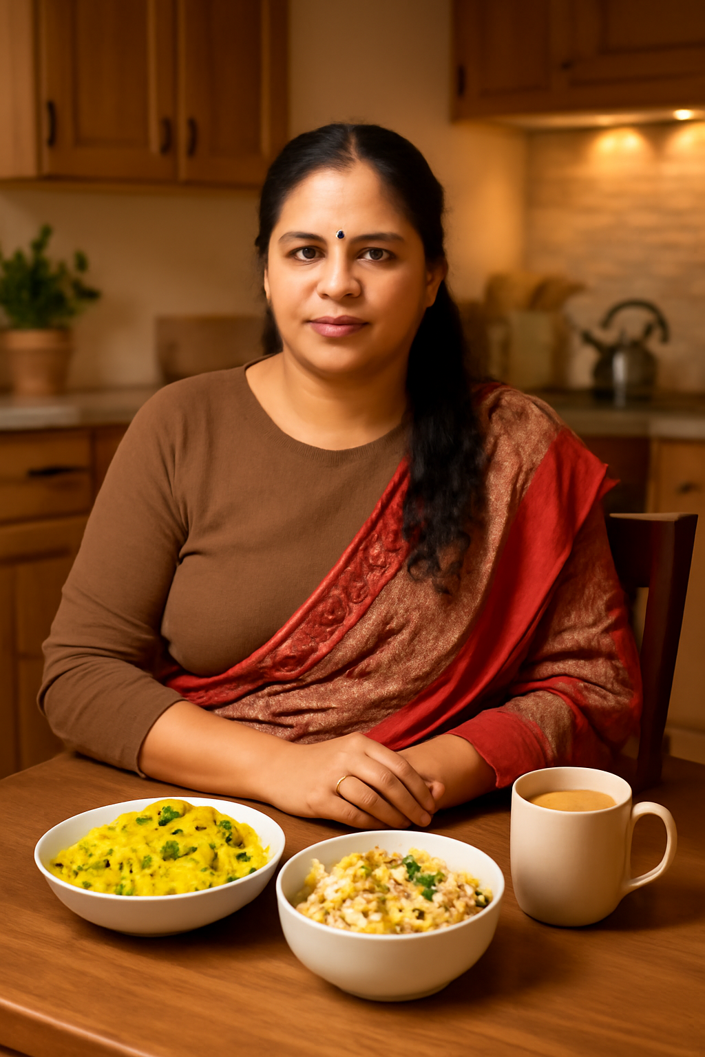 Middle-aged Indian woman sitting in kitchen with healthy food and tea