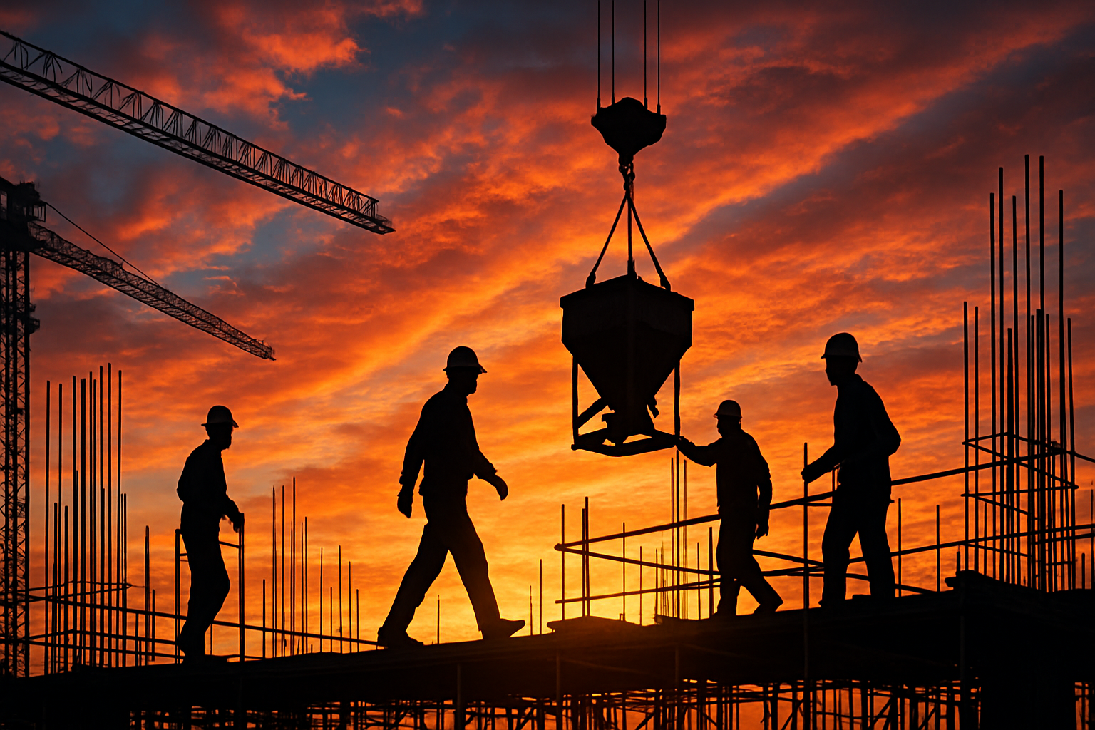Construction workers on site with steel bars and sunset in background