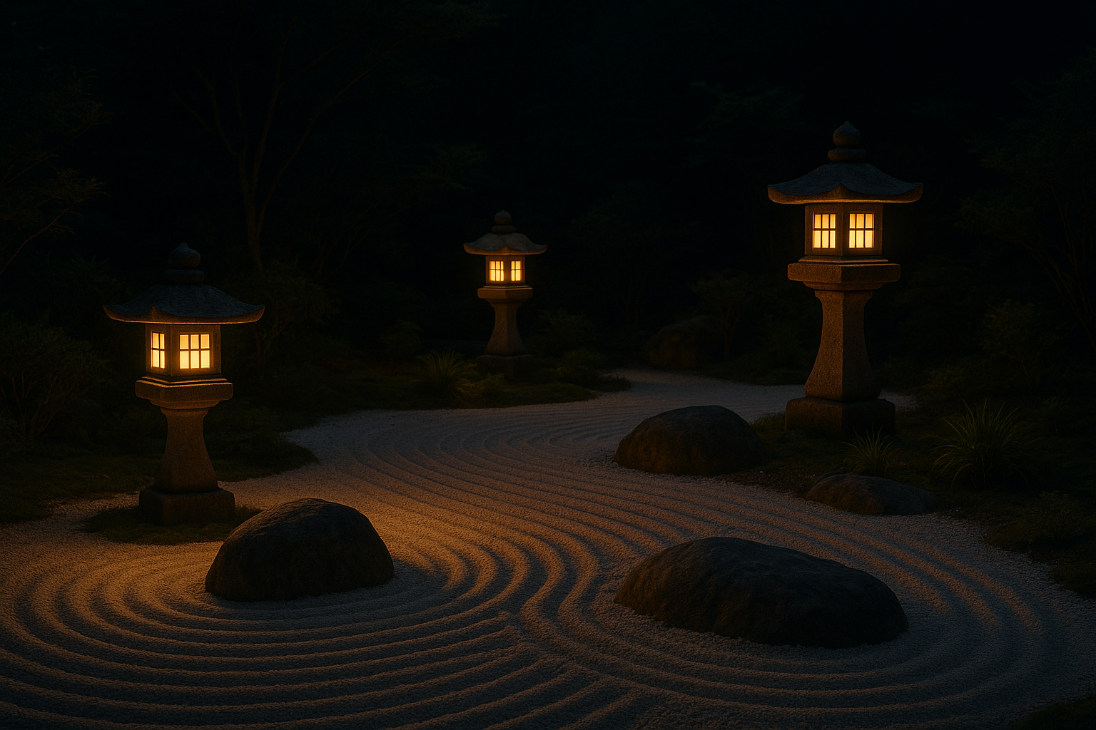 Iluminación suave y faroles para crear ambiente zen nocturno