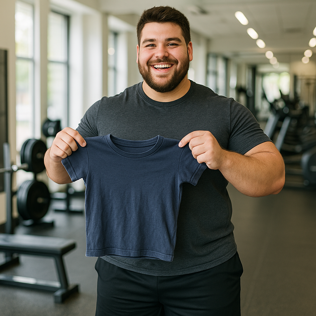Successful weight gain transformation showing old small clothing