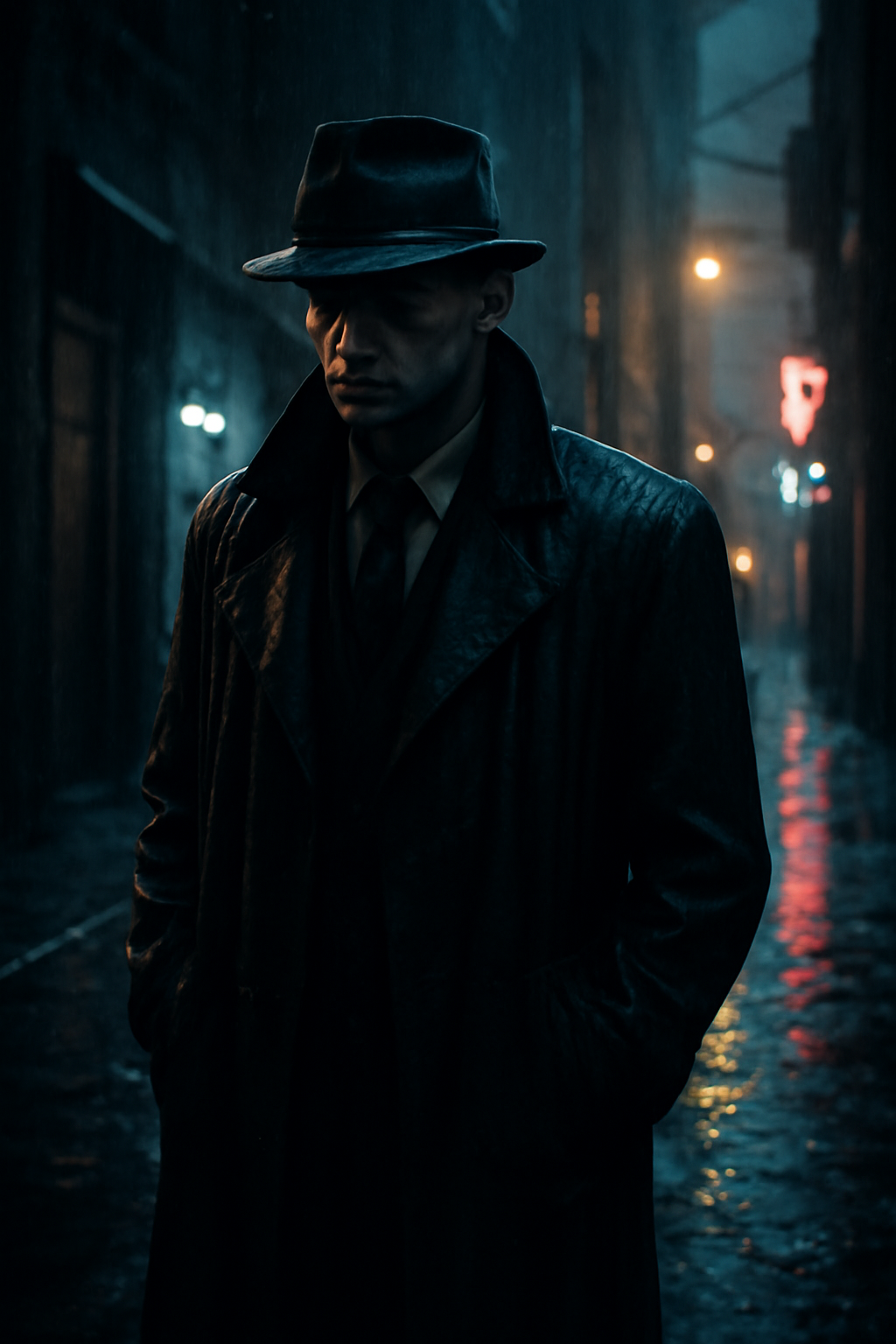 AI-generated storyboard: film noir detective in rain-soaked alleyway