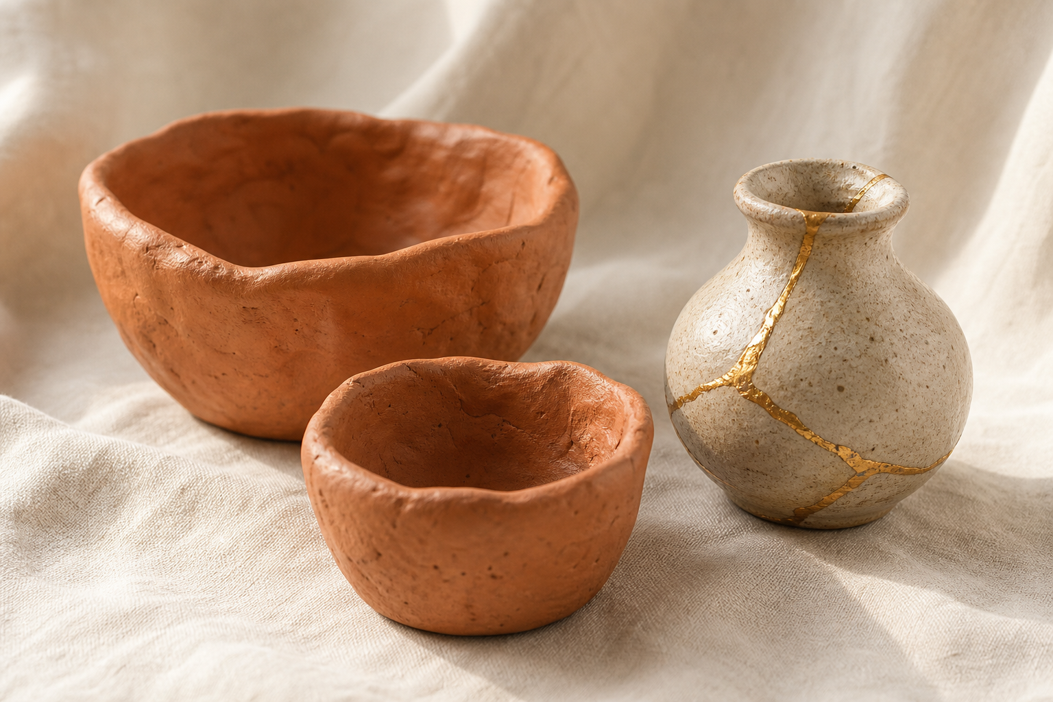 Handmade terracotta pottery with gold kintsugi repairs on warm linen