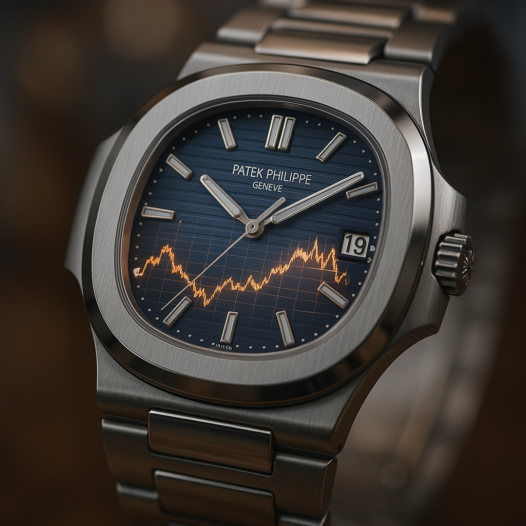 Conceptual image showing market volatility reflected in luxury watch face