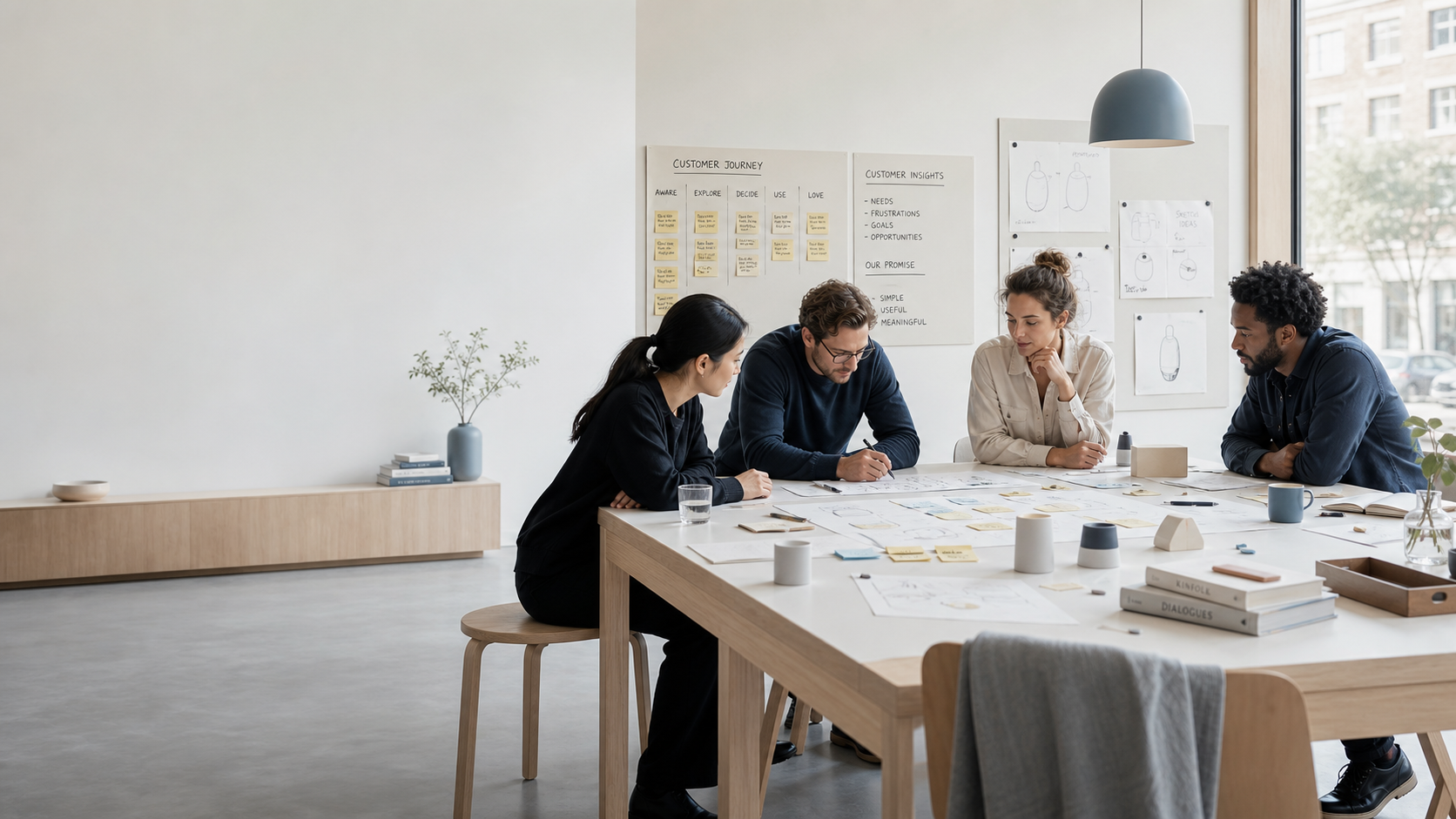 Cross-functional product team reviewing customer insights and early concepts in a calm Scandinavian studio