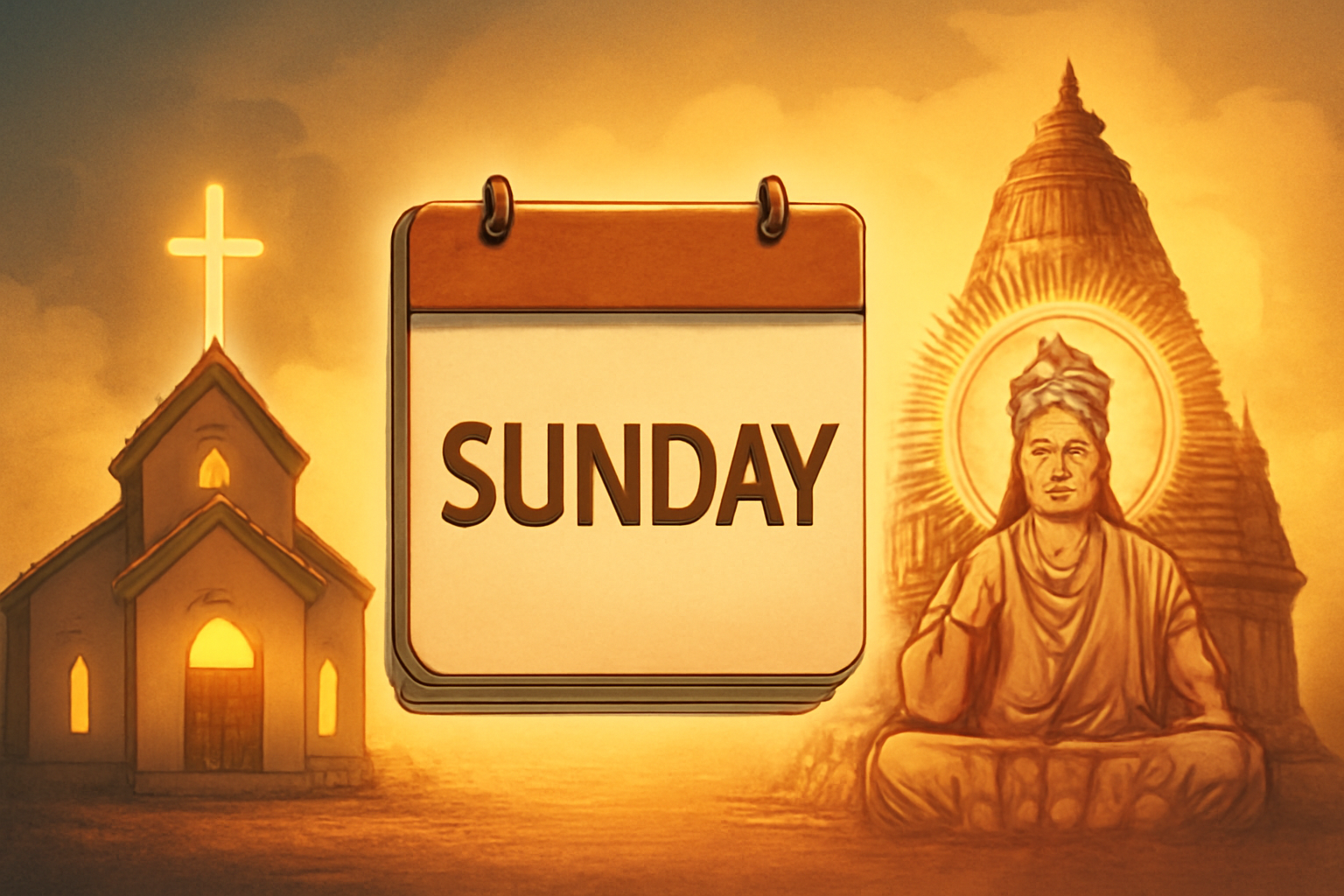 Religious significance of Sunday with church, temple, Sun God, and calendar, warm golden light.