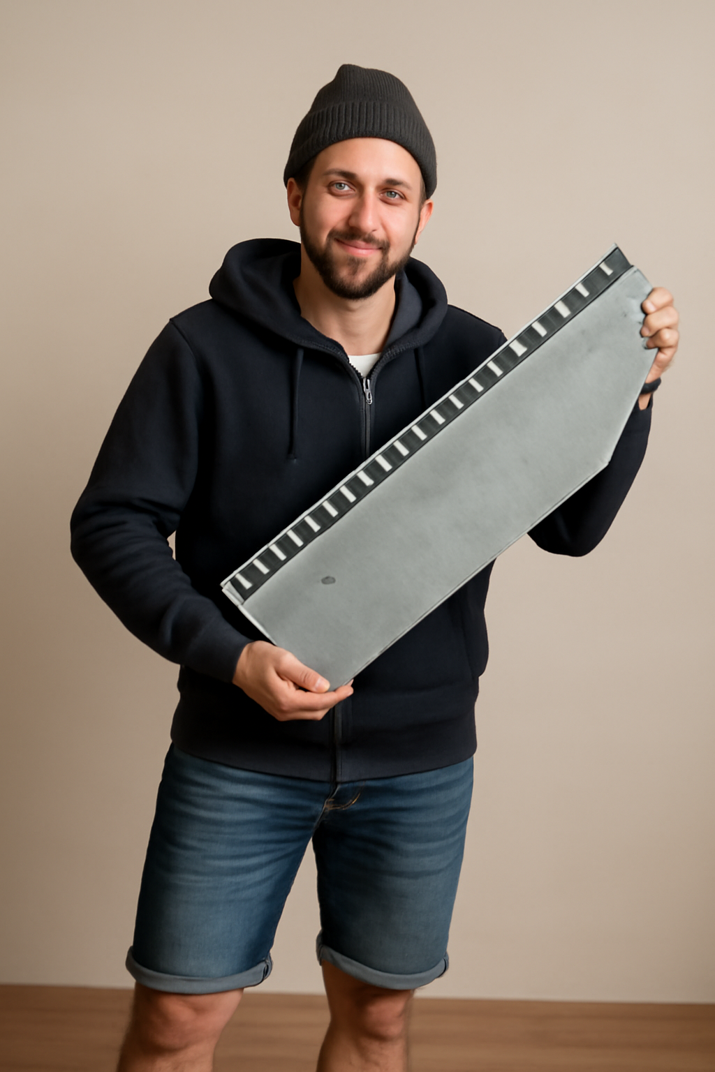 Ultra-realistic professional photoshoot of a male model holding a modern object with soft lighting