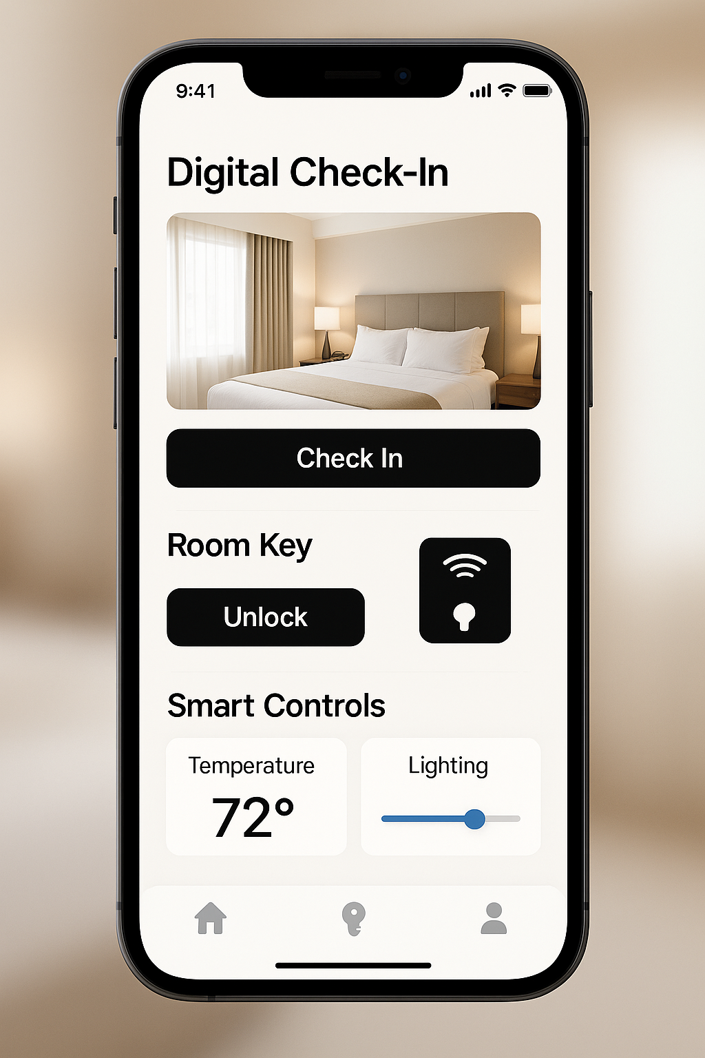 Mobile hotel app displaying digital check-in and smart room controls