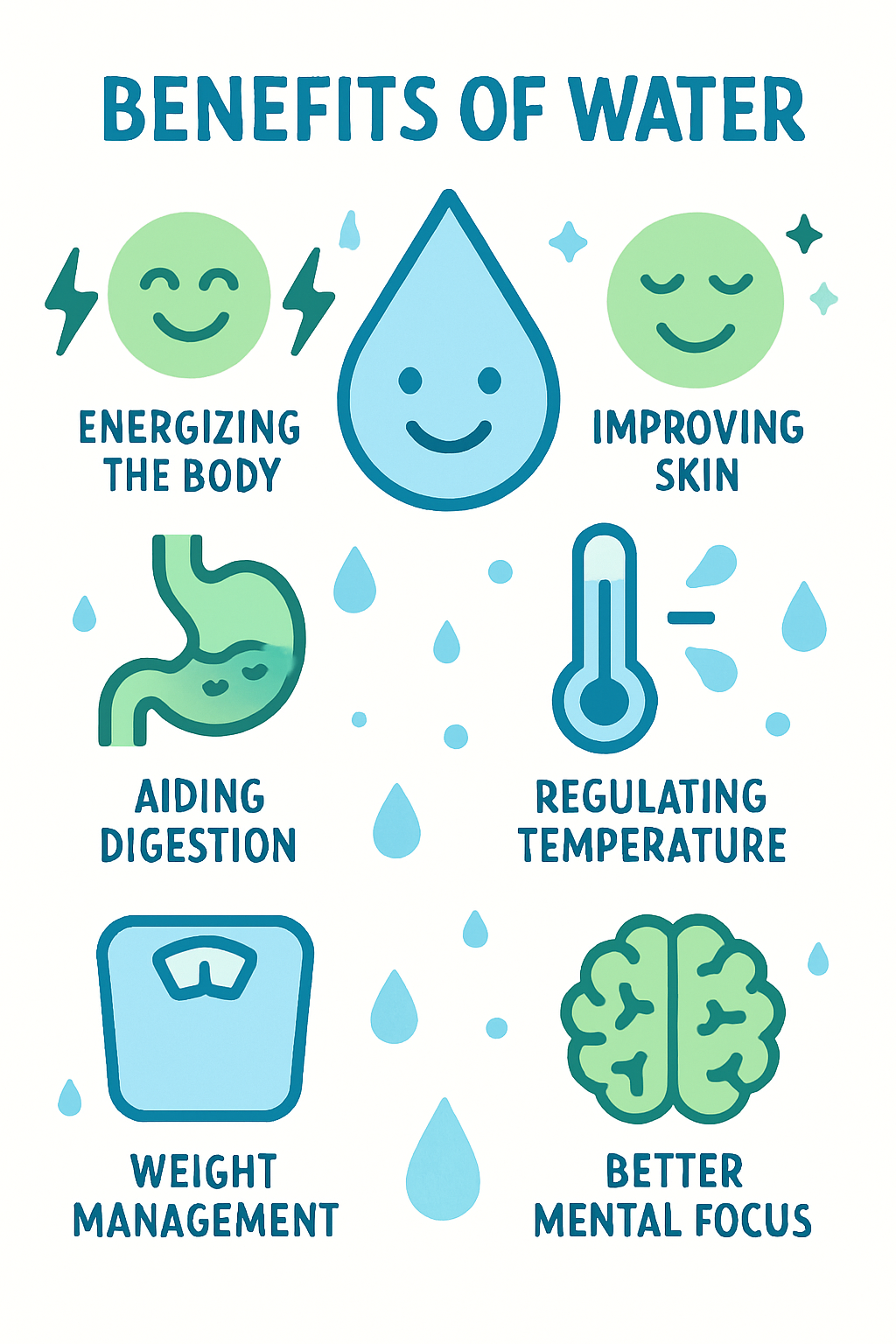 Infographic showing the benefits of drinking water like energy, skin health, and brain function.
