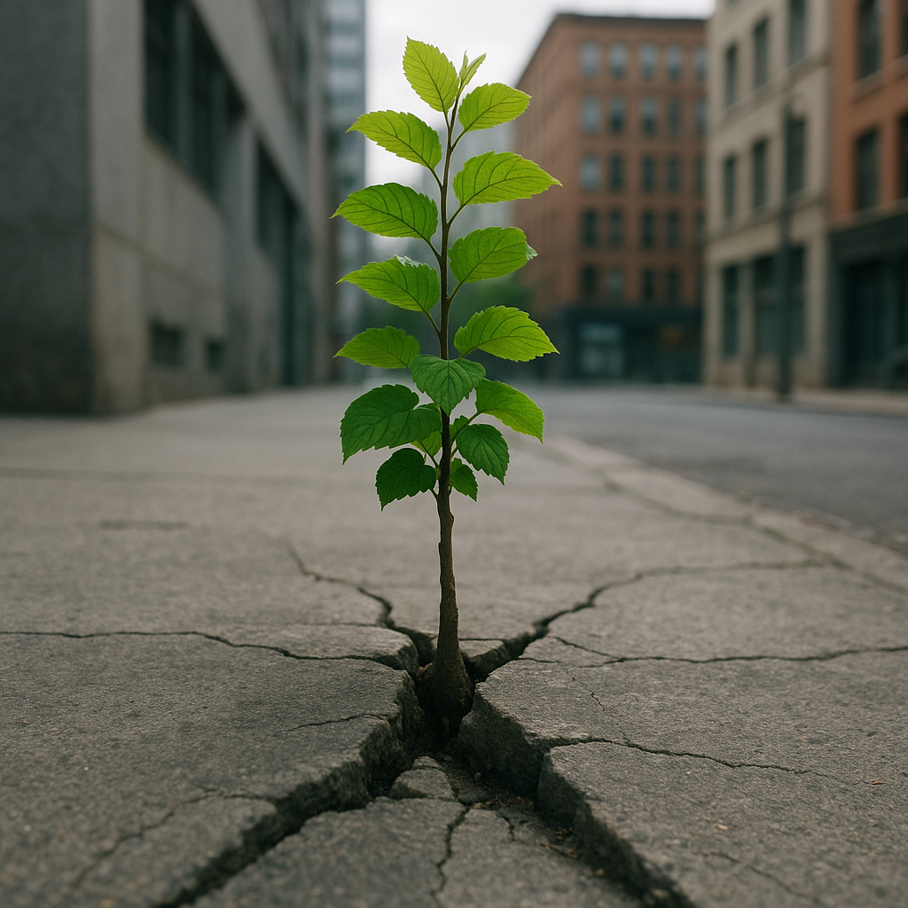 Tree breaking through concrete symbolizing hope and resilience
