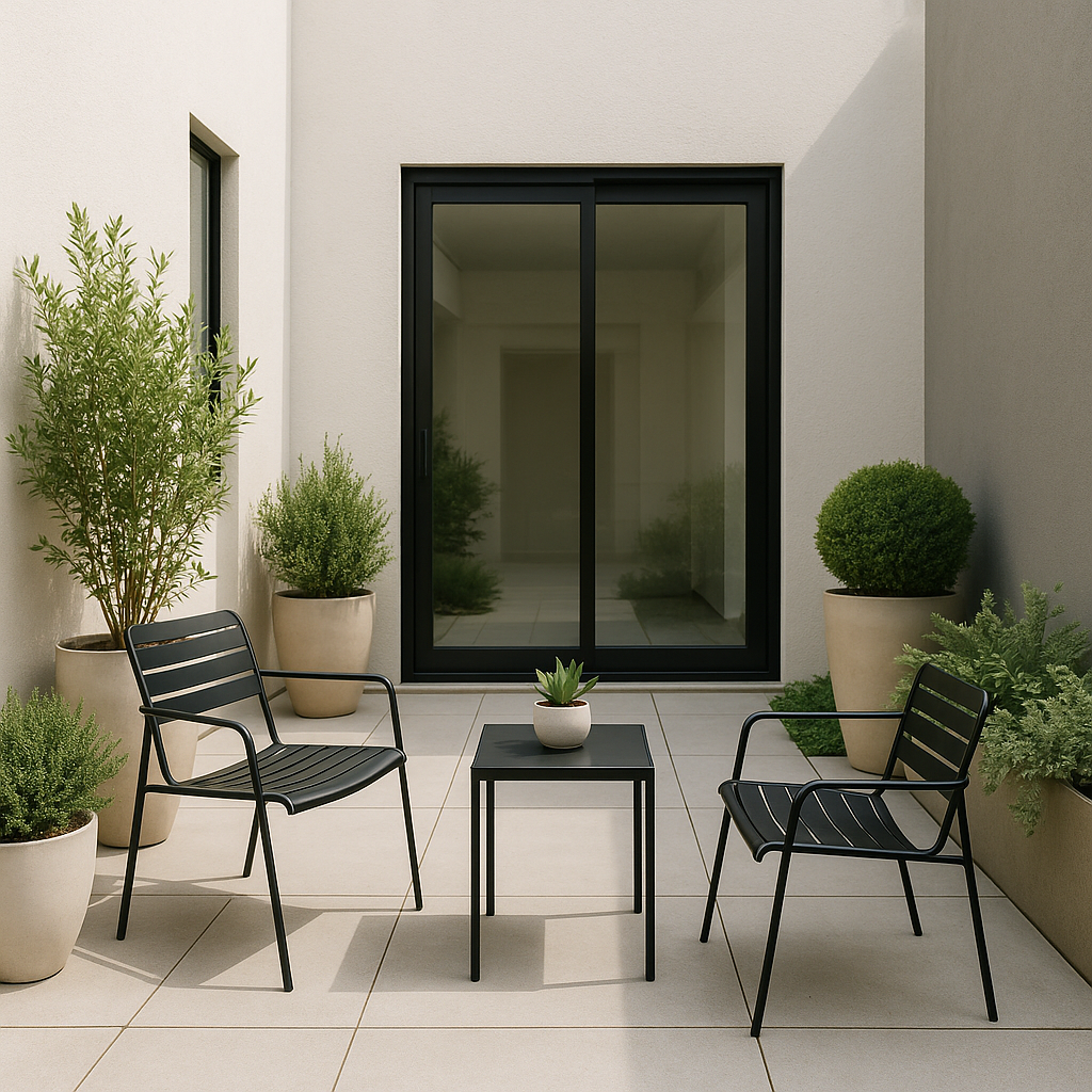 Patio pequeño moderno organizado con muebles y plantas decorativas