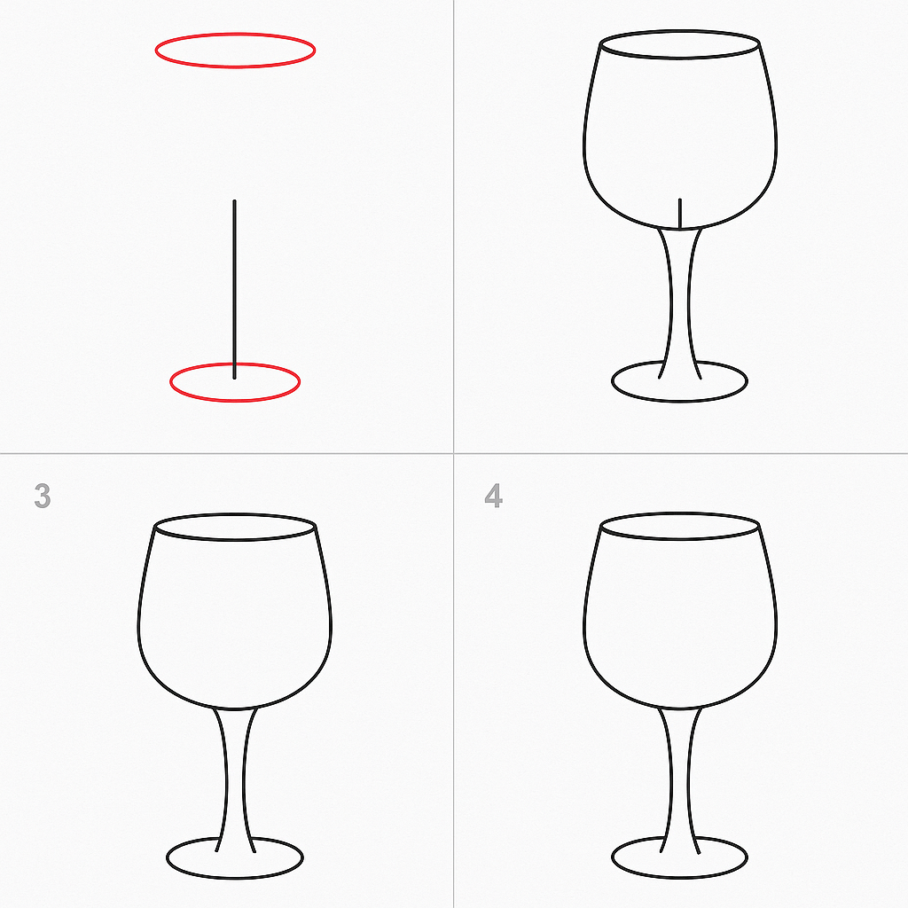 Step-by-step guide for sketching a wine glass using basic shapes