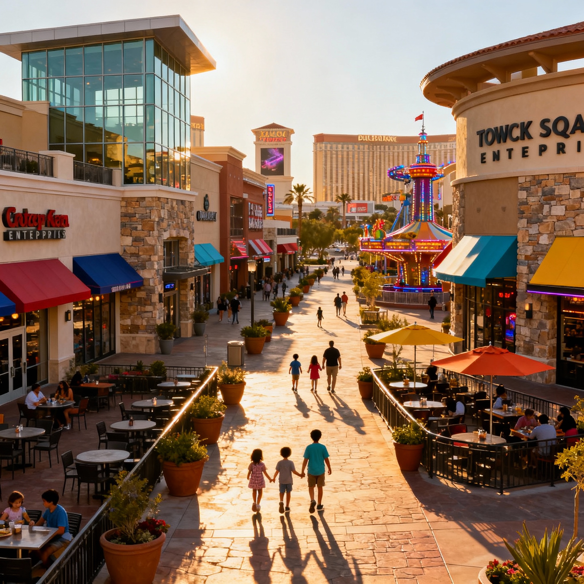 Town Square Enterprise Nevada outdoor shopping dining entertainment center featuring architectural buildings retail stores restaurants and family attractions