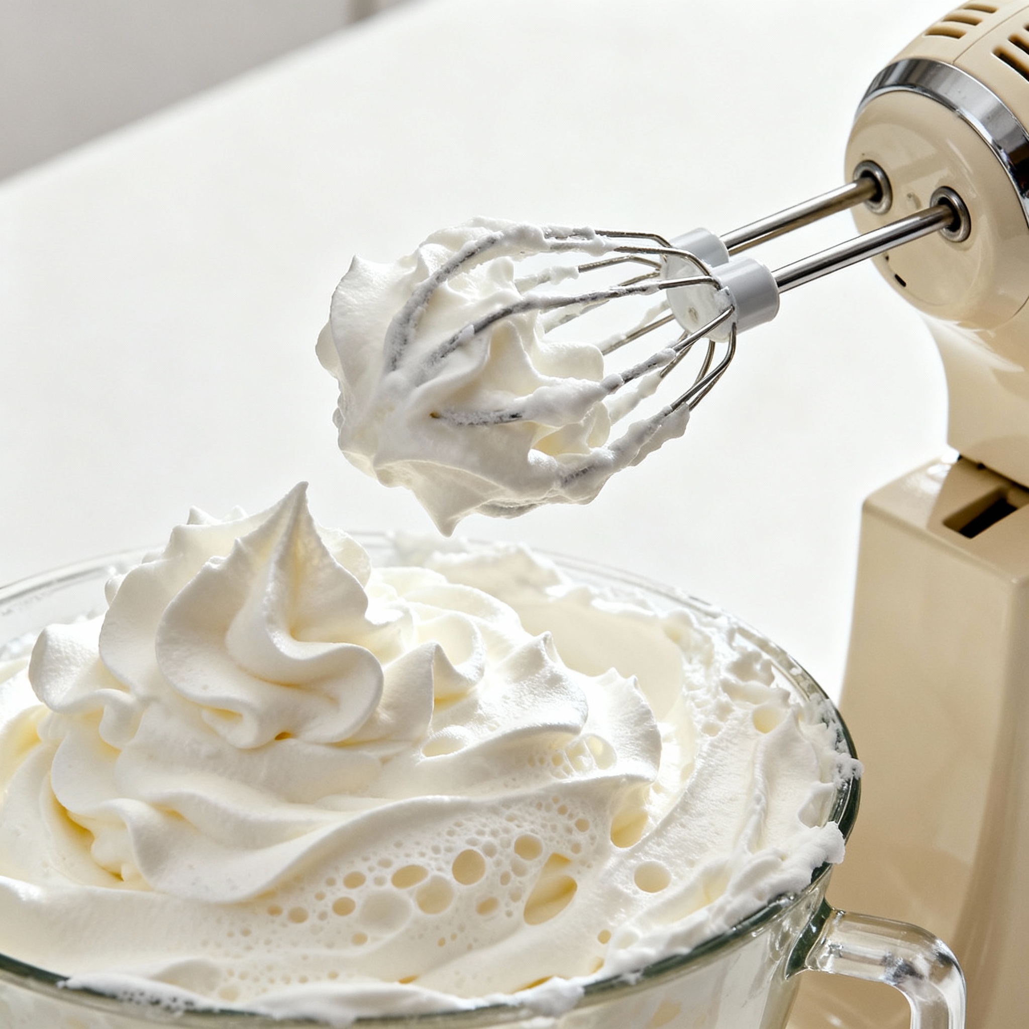 Wire whisk creating perfectly whipped cream