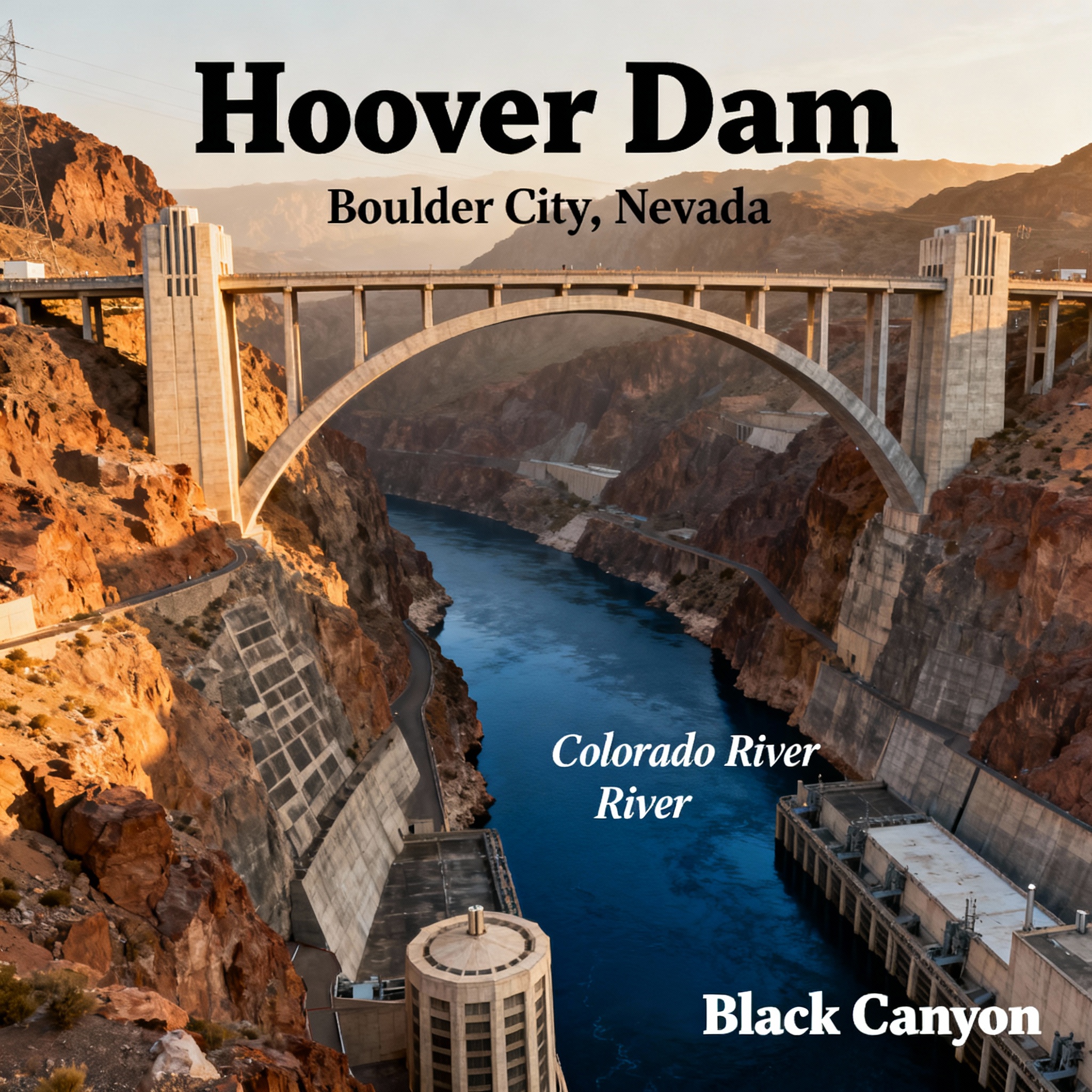 Hoover Dam Boulder City Nevada showing massive concrete arch dam with Art Deco architecture Colorado River Black Canyon and historic engineering marvel construction