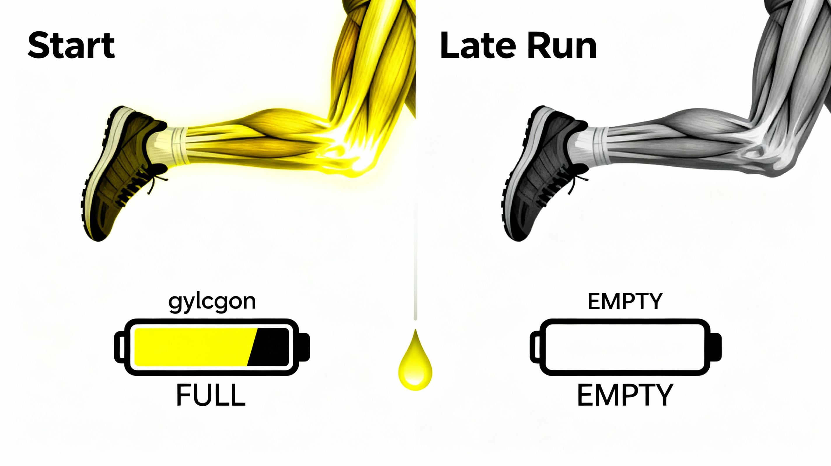 Infographic visualizing glycogen depletion in a runner's muscles and liver over the course of a long run.