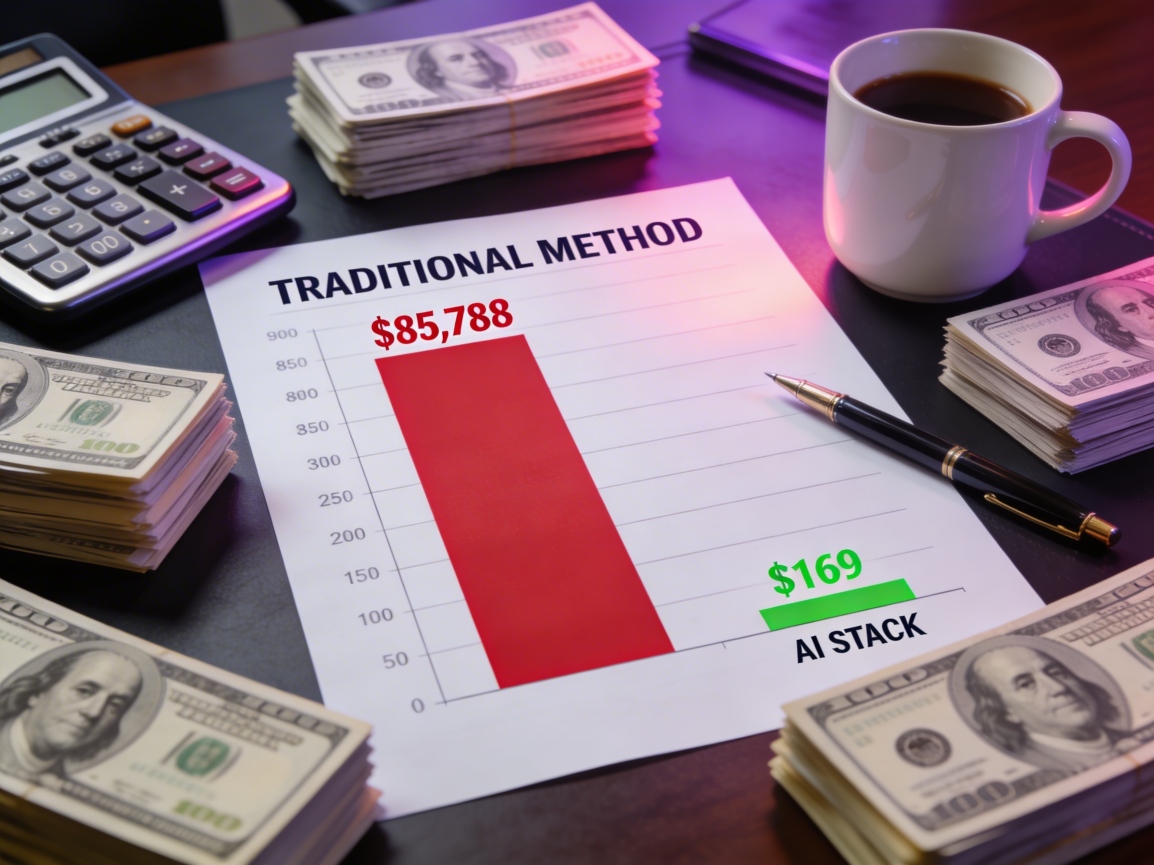 Photorealistic financial bar chart on executive desk showing massive red bar at $85,788 for traditional method versus tiny green bar at $169 for AI stack, surrounded by stacks of cash representing savings.