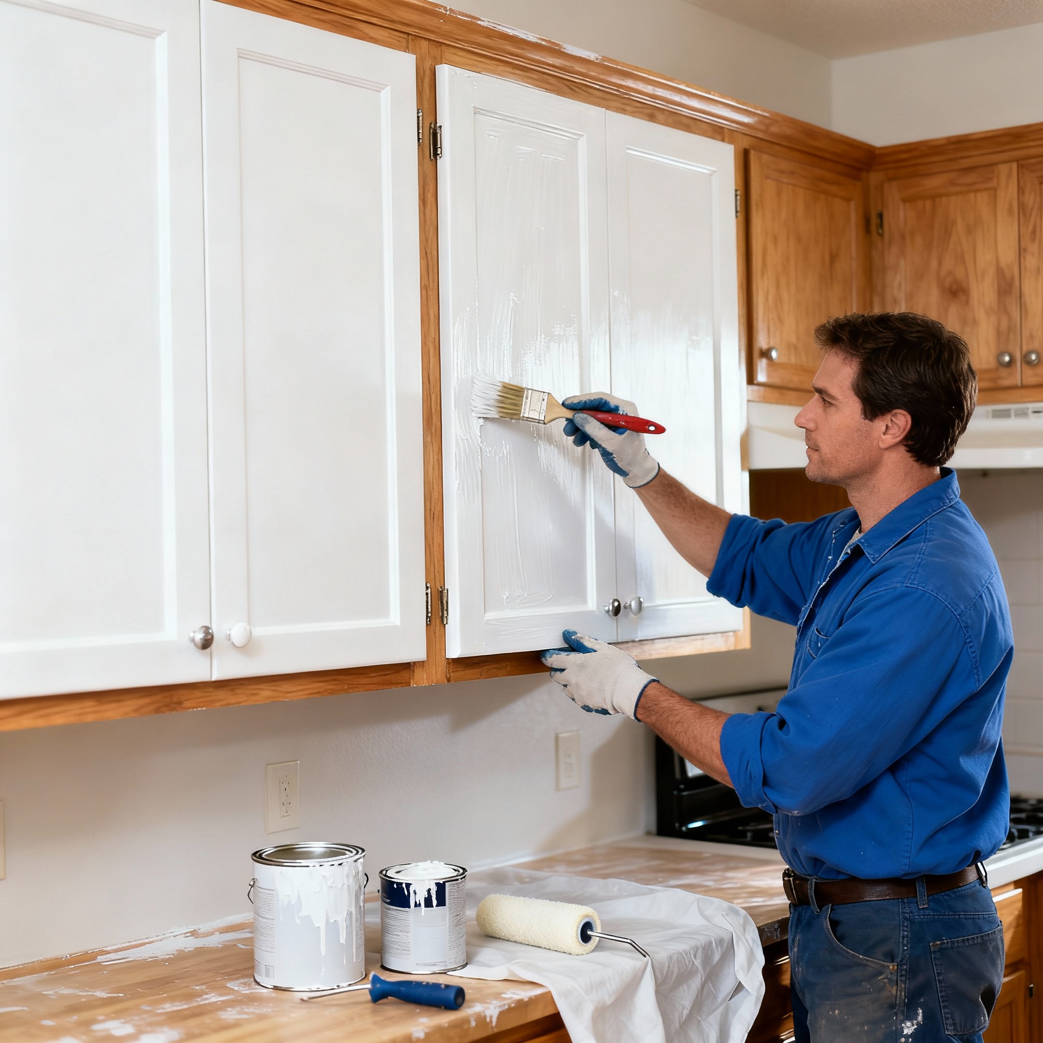 Skilled handyman painting kitchen cabinets
