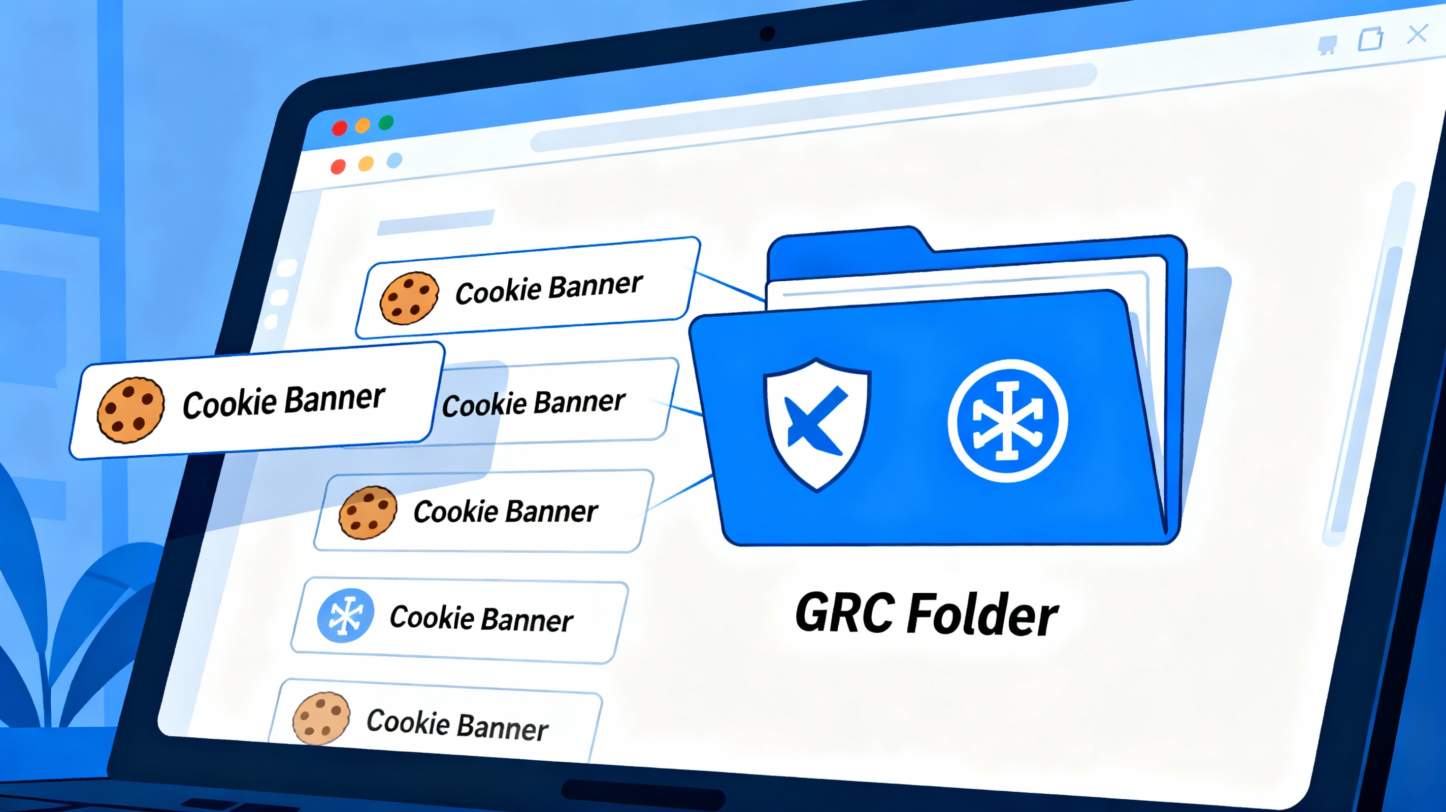 Pantalla con banners de cookies convirtiéndose en carpeta de riesgo y cumplimiento GRC.