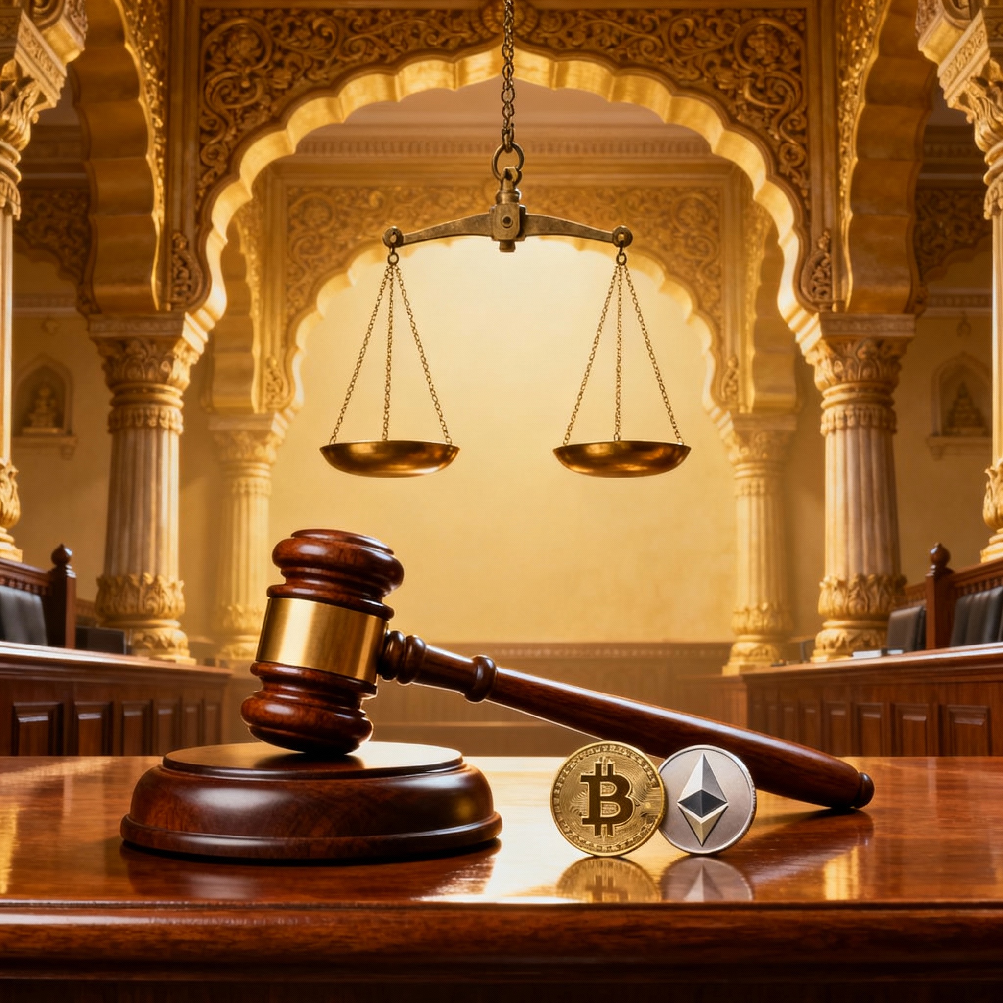 Illustration depicting cryptocurrency legal judgment in Indian judicial system