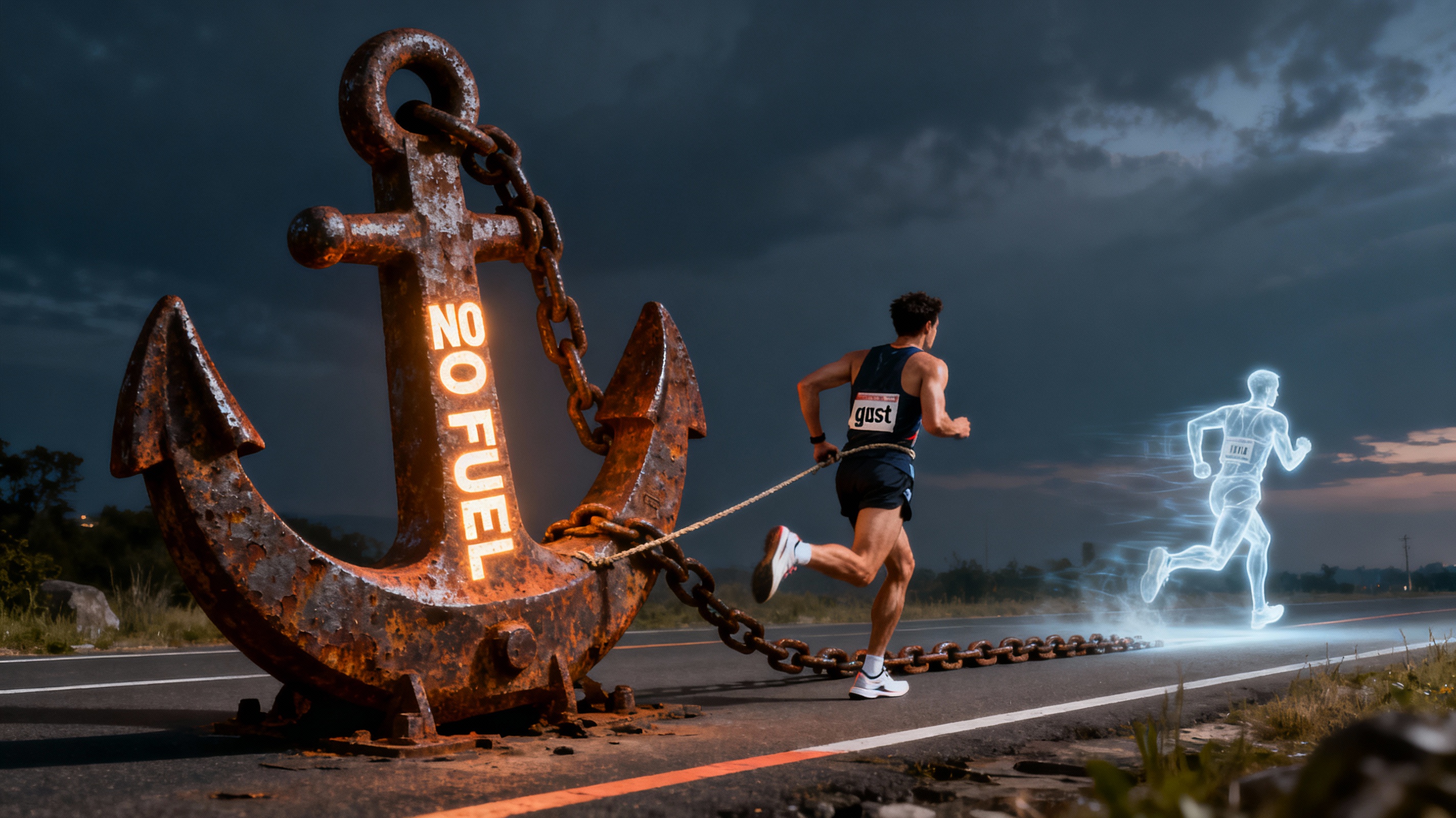 The Anchor of Empty Tanks Visualizing the 'sabotage' of poor nutrition: dragging an invisible anchor.